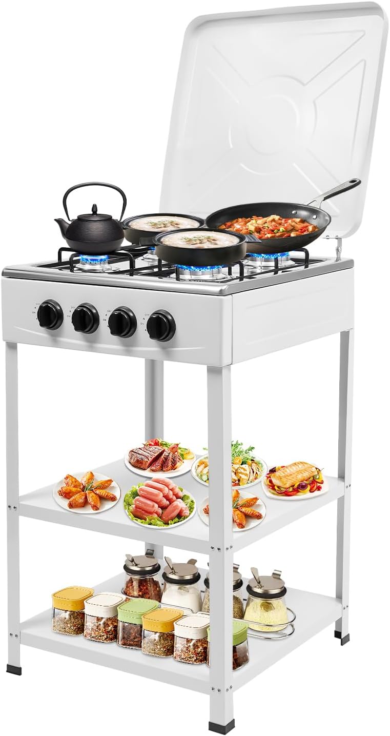 4 Burner Gas Stove, Propane Portable Stove Natural Gas Cooker with Removable Storage Stand & Support Leg Bracket, for Outdoor Camping Picnic Home RV Cooking Grill (NG/LPG General), White