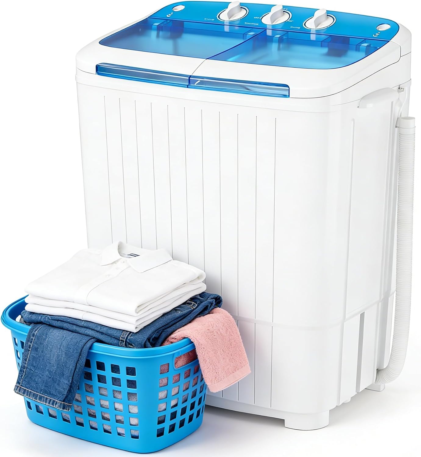 SUNCROWN Portable Washing Machine 16lbs, Compact Twin Tub Semi Automatic Washer, Energy-Saving Mini Laundry Combo with Extended Drain Hose & Pump for Apartments, Dorms, RV, (White & Blue)
