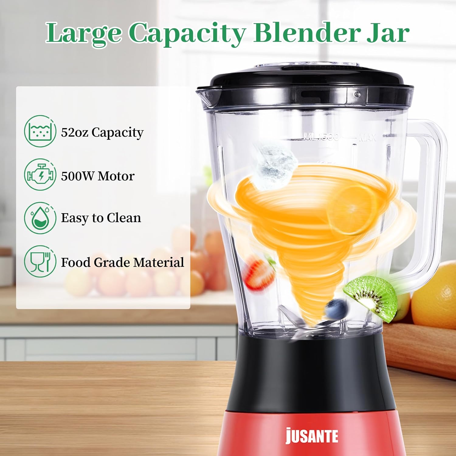 Kitchen Blender, 500W Countertop Blender with 52oz Plastic Jar for Smoothies Milkshake Desserts Nut Butter, Cocktails Sauces (Red)