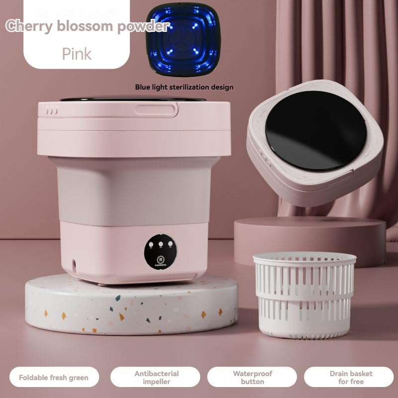 Portable Mini Washer with UV Light, 7L Compact Foldable Electric Washing Machine, Purple Collapsible Design with Spin Dry Basket for Delicates, Dorm, Travel (Rock Pink - with Basket & Hose)