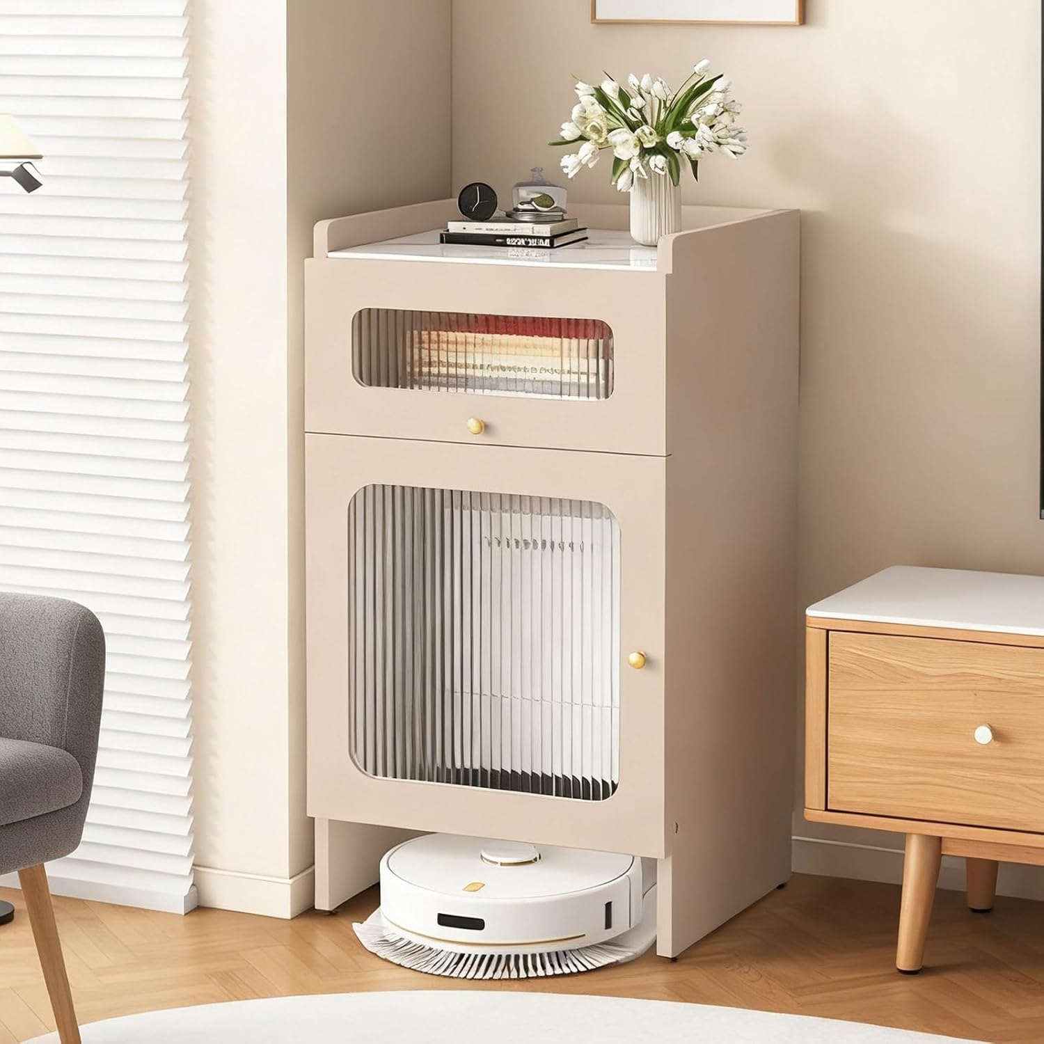 Self-Emptying Robot Vacuum and Mop Mobile Storage Cabinet Robot Vacuum Hidden Storage Cabinet with Wheels Home Office Living Room Garage Wood Accent End Table(Champagne,19.6x15.7x36.6in)