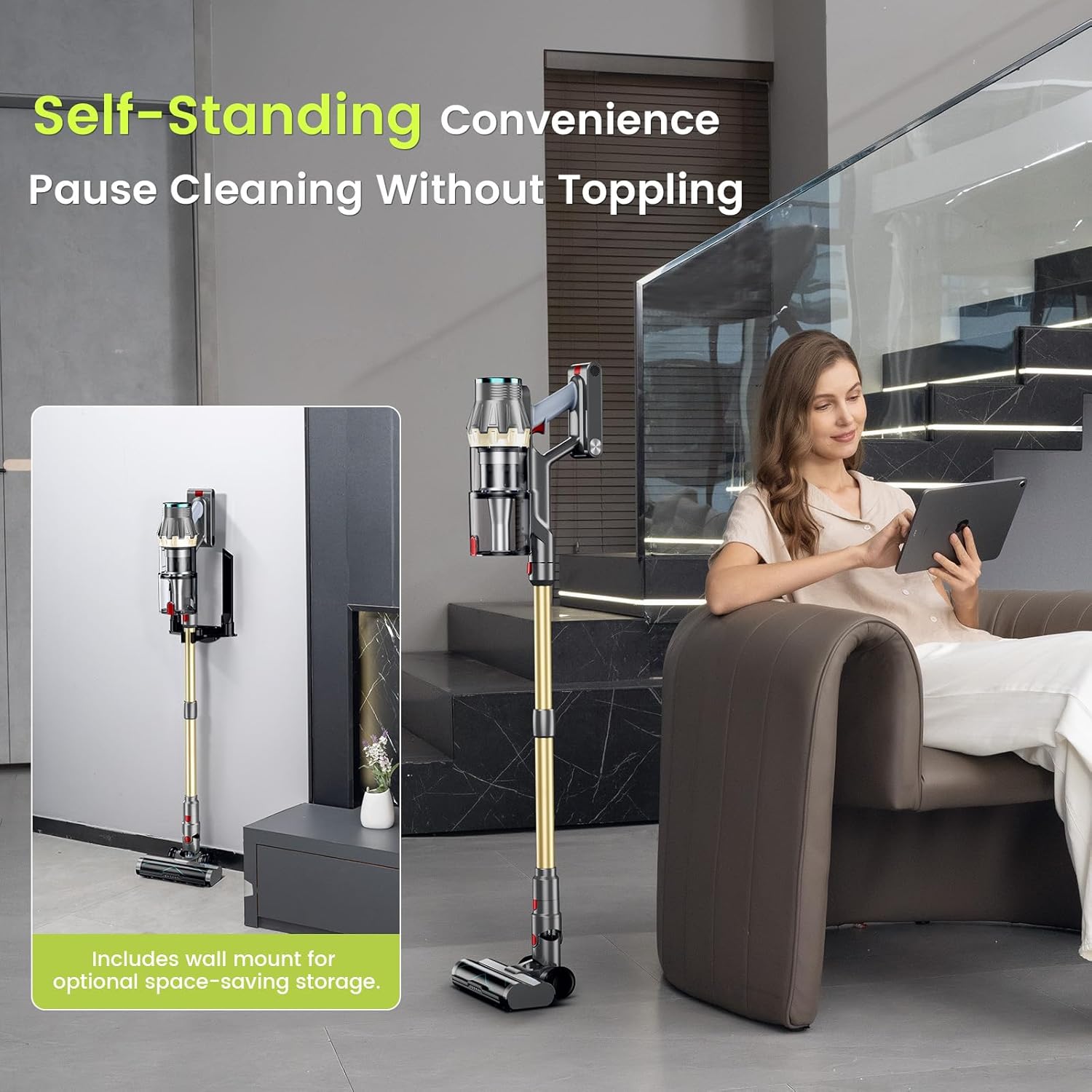 Cordless Vacuum Cleaner, 600W/50KPA/70Mins Lightweight Stick Vacuum with LED Touch Screen, Lightweight Self-Standing Vacuum Cleaners for Home Pet Hair,Carpet,Hardwood Floor