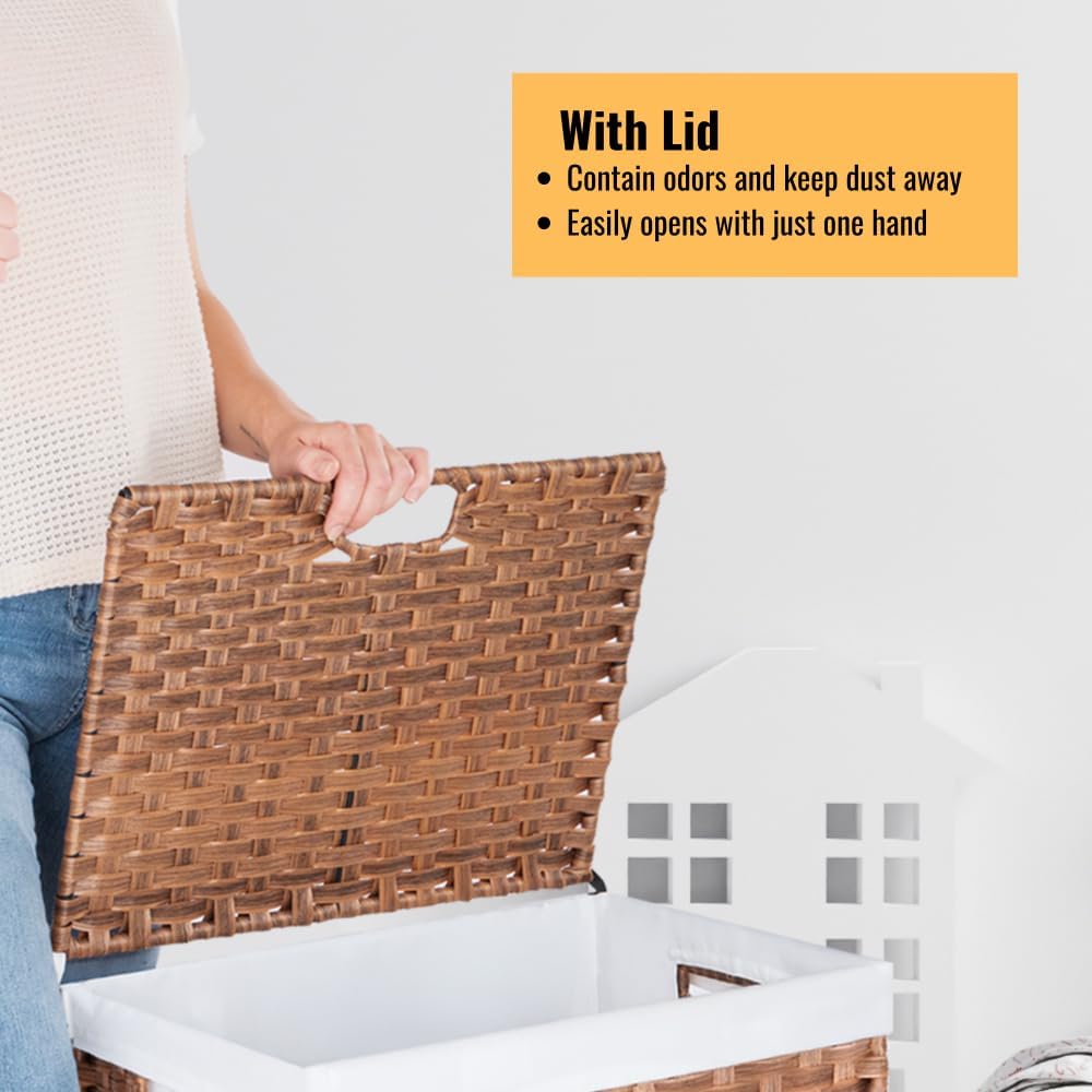 Large 100L Laundry Hamper with Lid - Foldable Clothes Basket with Removable Washable Bag, Durable PE Wicker & Steel Frame Organizer for Bedroom