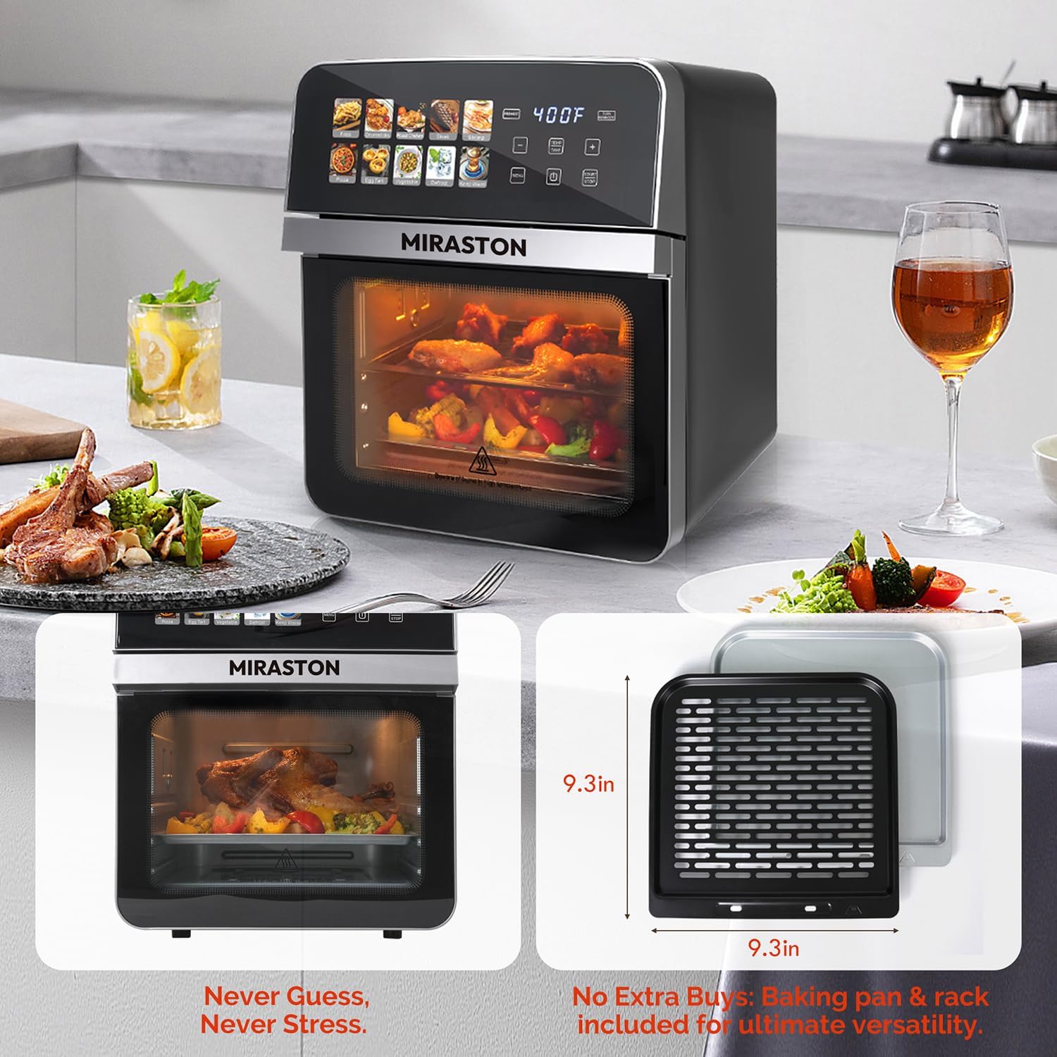 10QT Air Fryer Toaster Oven Combo with 10 Presets, Family Size Compact Oven for Roasting Whole Chicken/Double Cooking, Stainless Steel Interior, Easy Clean, Includes 2 Accessories & Recipe