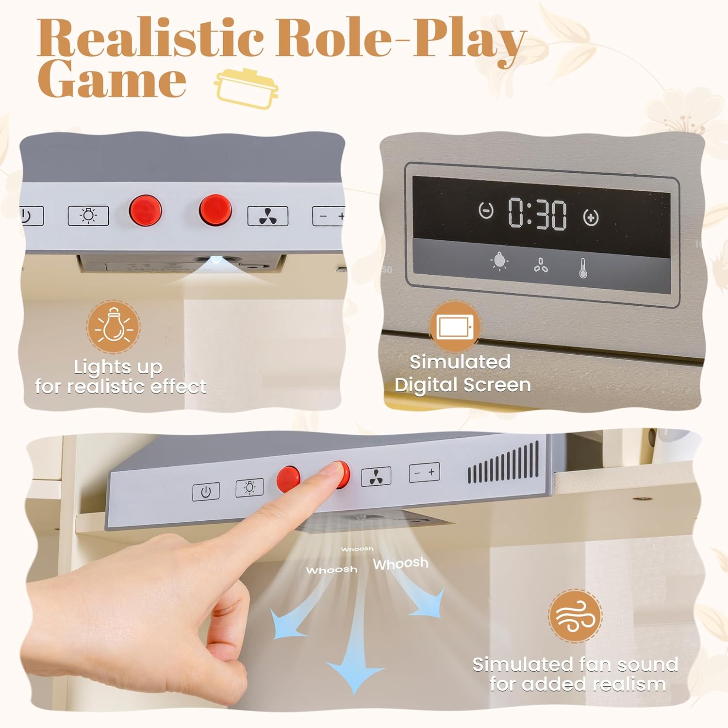 ROBOTIME Kids Kitchen Playset, Corner Wooden Play Kitchen with Fridge, Oven, Sink, Microwave & Washer, Realistic Lights & Sounds, Toddler Wooden Kitchen Toy Gift for Boys & Girls Ages 3+