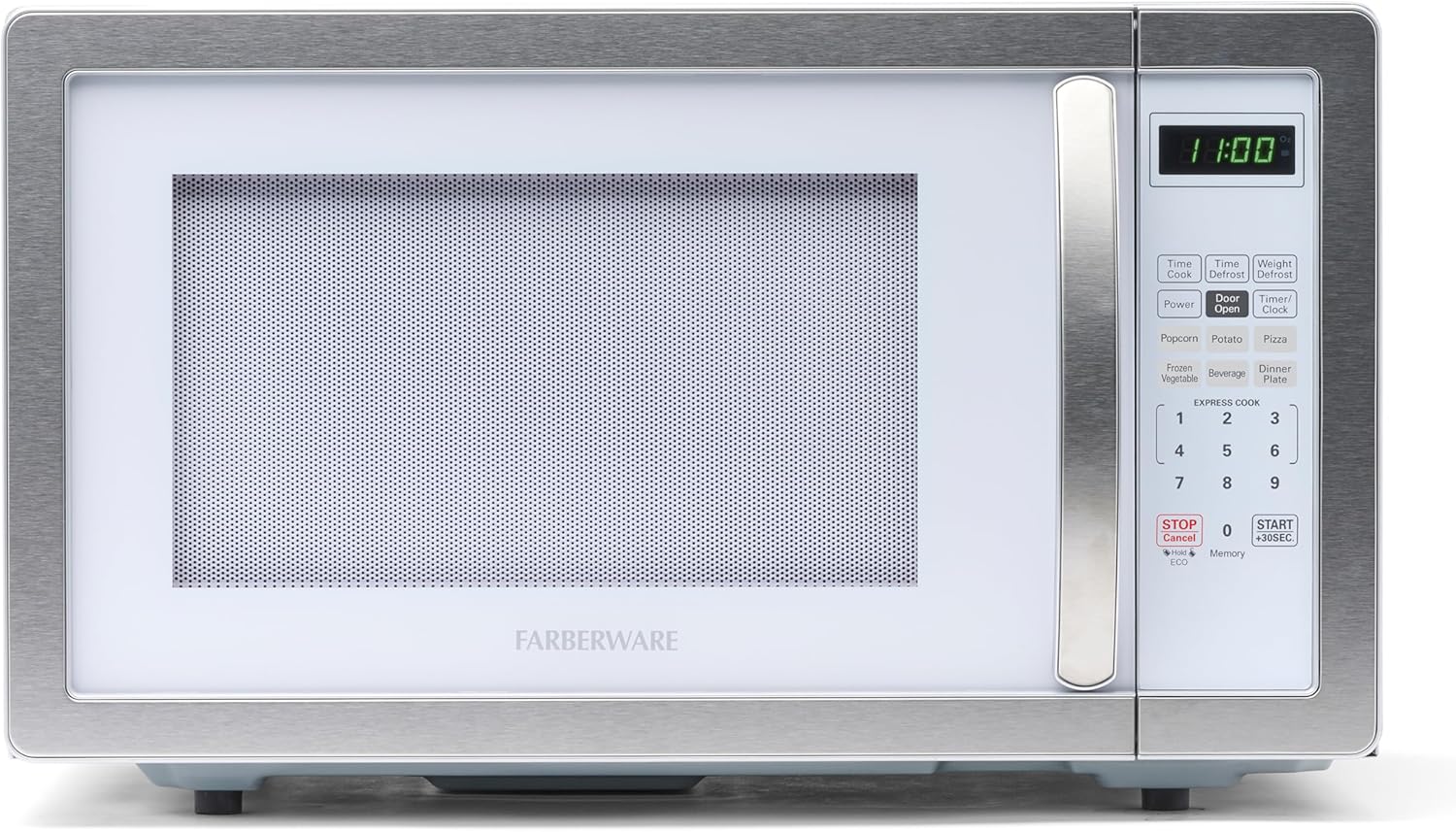 Farberware 1.1 Cu. Ft. Countertop Microwave Oven – 1000 Watts Power, Auto Cook Settings, Defrost, Easy Clean and Child Safety Lock - White Platinum