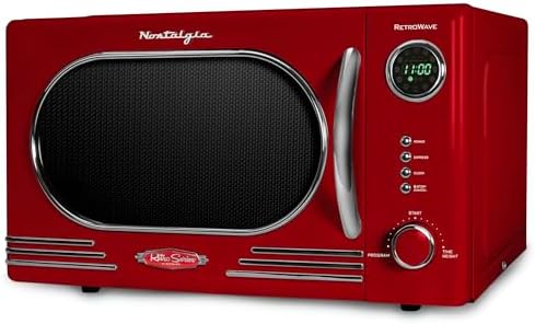 Nostalgia Retro Countertop Microwave Oven - 1.1 Cu Ft & 1000 Watt Power- Easy to Clean with Removable Glass Turntable - Child Safety Lock - 12 Programs - Digital Clock - Red