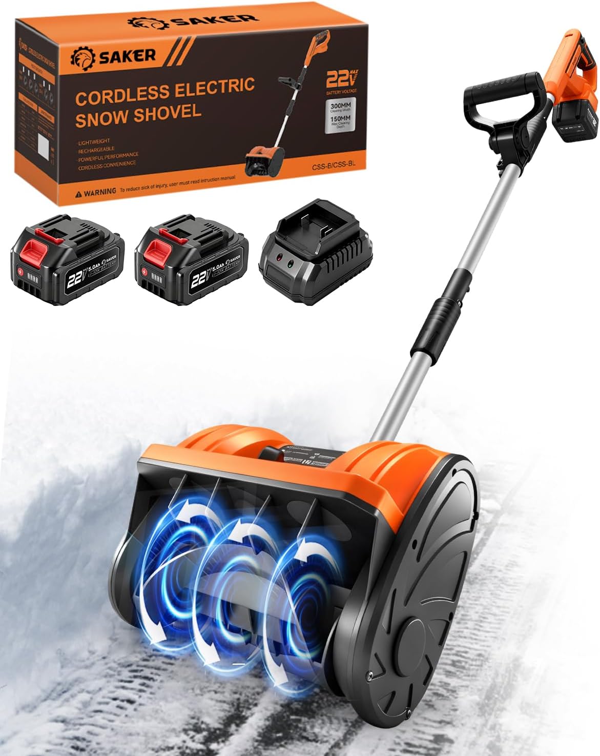 Saker Cordless Snow Shovel Electric - 22V Brushless Snow Blower with 2X 5.0 Batteries & Charger - 12