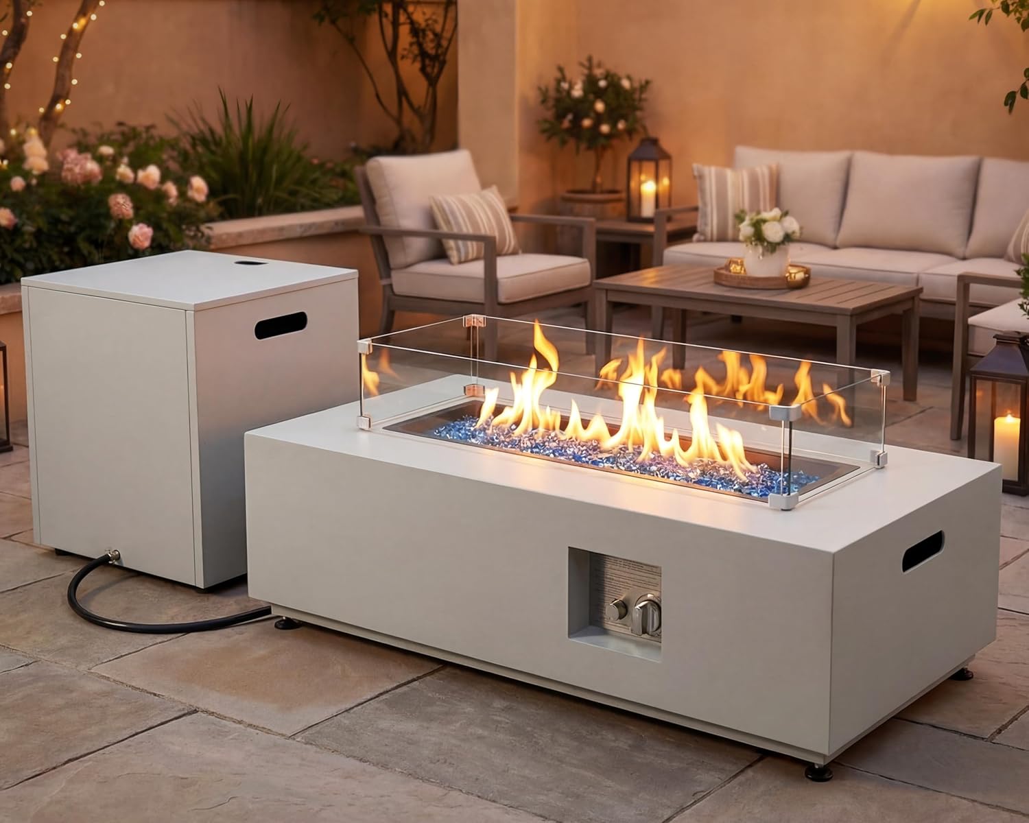 NICESOUL 42'' Rectangle Outdoor Gas/Propane Firepit Table, 50,000 BTU Low Profile Modern Fire Pit with Tank Storage & Windguard& Cover & Glass Rocks for Patio Outside, CSA Certified, Greyish White