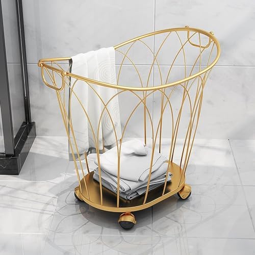 Rolling Laundry Basket, Blanket Metal Rolling Laundry Basket on Wheels Nordic Luxury Laundry Hamper Sturdy Iron Art Dirty Clothes Hamper w/Metal Handle Blanket Toy Organizer for Li