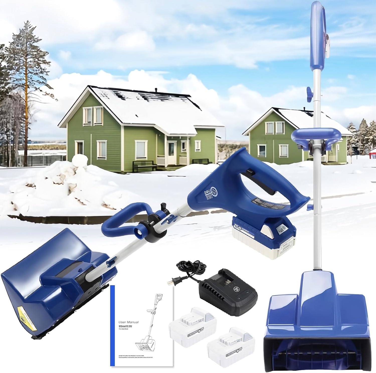 Cordless Snow Shovel, Electric Snow Shove, 24v Cordless Snow Blower, Battery Snow Blower, Lightweight Electric Snow Blower with Adjustable Handle 4-Ah Battery & Quick Charger Included