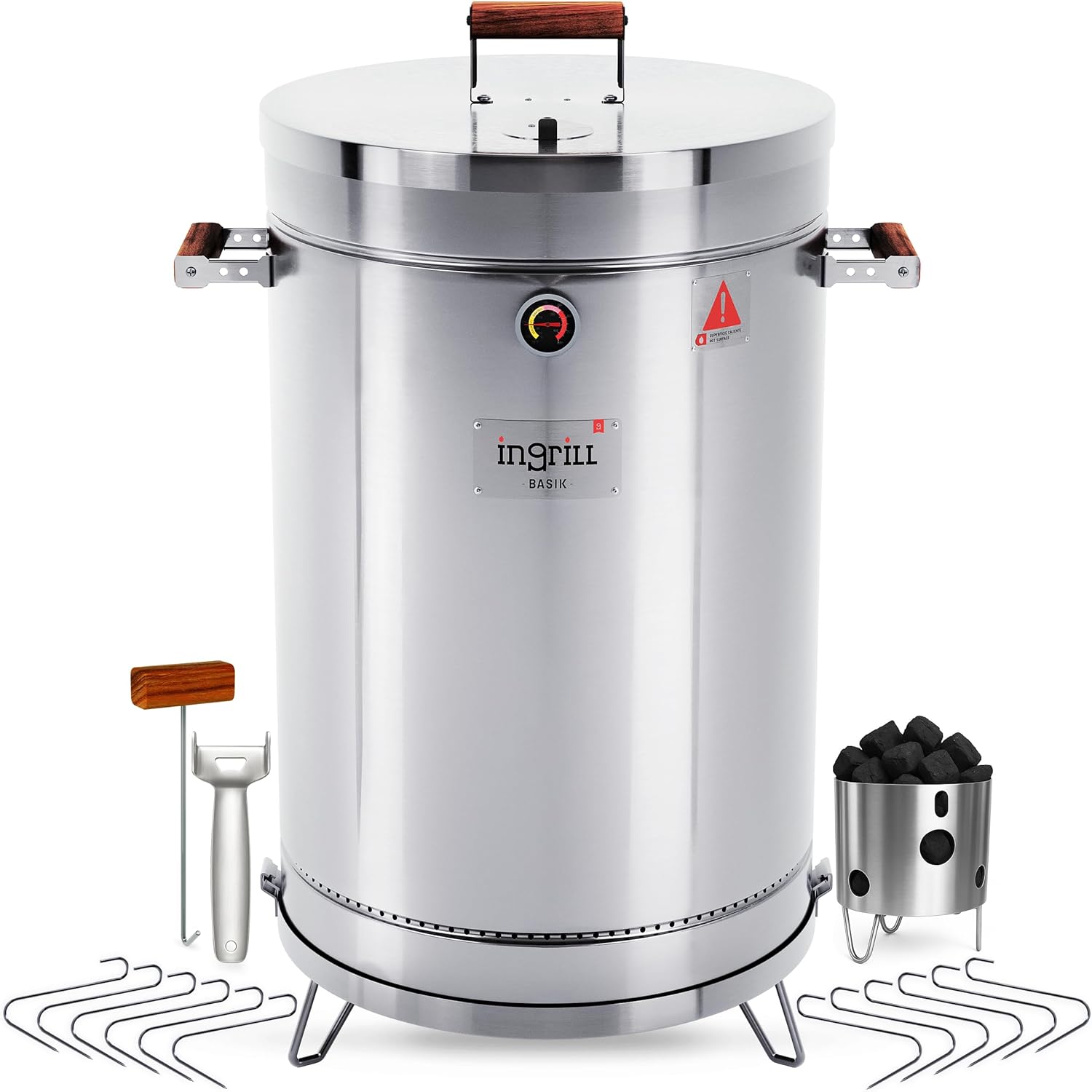 3-in-1 Stainless Steel Smoker Barrel Grill – Portable Charcoal BBQ with Thermometer, 40 lbs Outdoor Cooking Smoker for Camping, Backyard & Home BBQ INGRILL