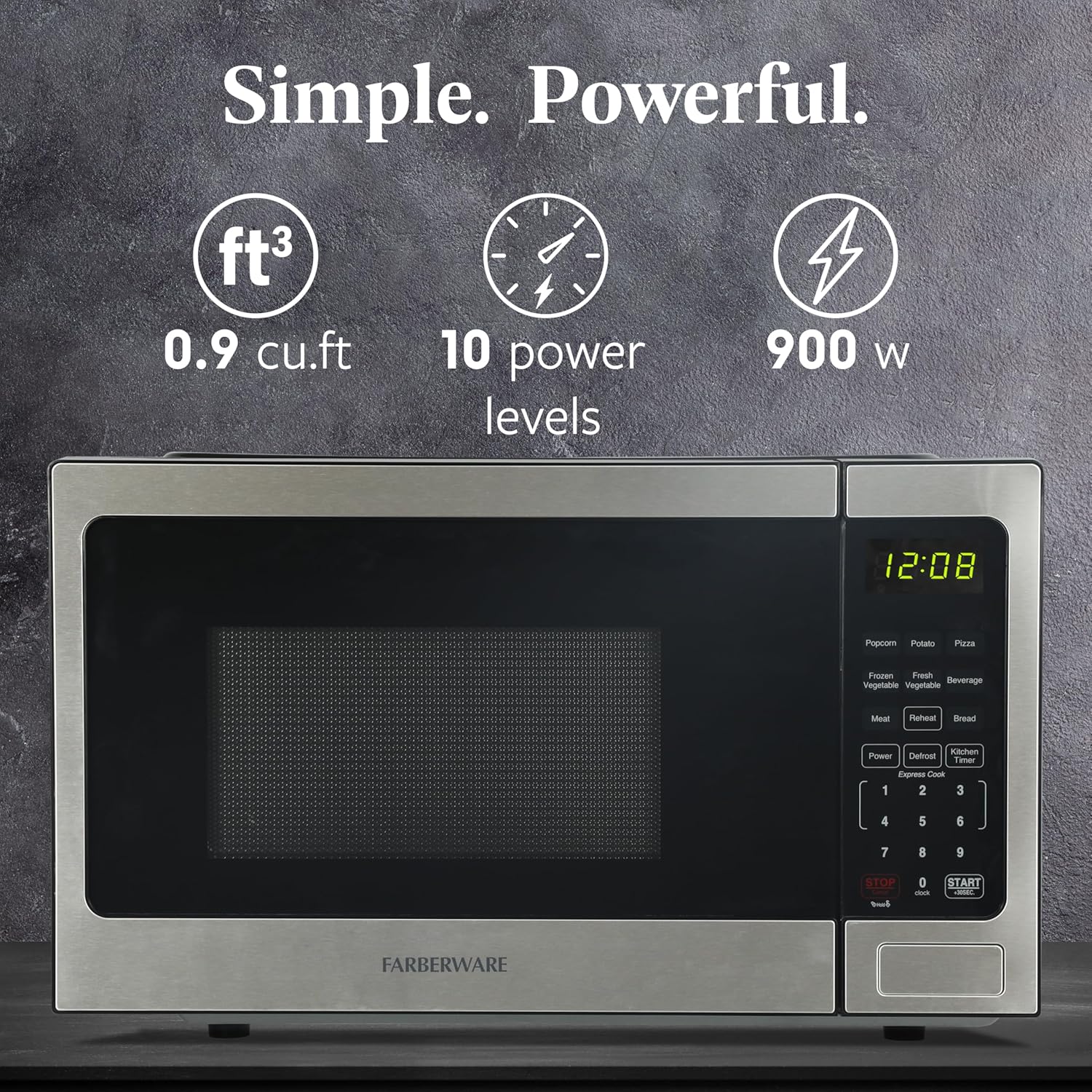 Farberware 0.9 Cu. Ft. Countertop Microwave Oven – 900 Watts Power, Auto Cook Settings, Defrost, Easy Clean and Child Safety Lock - Stainless