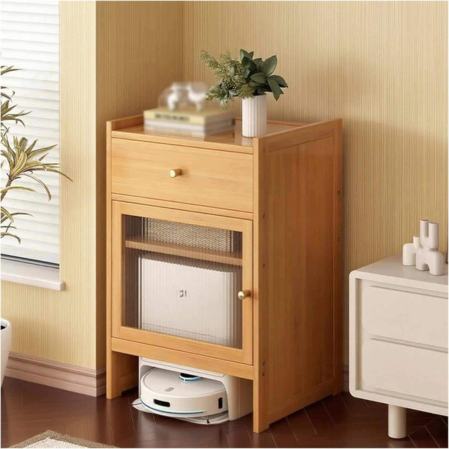 Vacuum Cabinet, Robot Vacuum Storage Side Table End Table Accent Side Tables for Living Room, Home, Office, Entrance, Save Space(Natural)