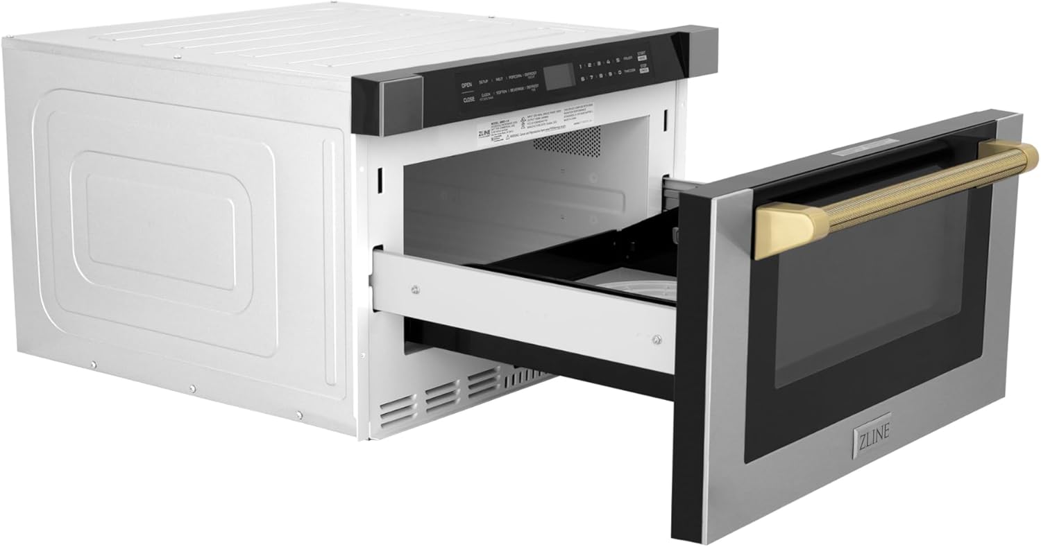 ZLINE Autograph Edition 24 in. 1.2 cu. ft. Built-in Microwave Drawer in Stainless Steel and Polished Gold Helix Handle (MWDZ-1-H-KG)