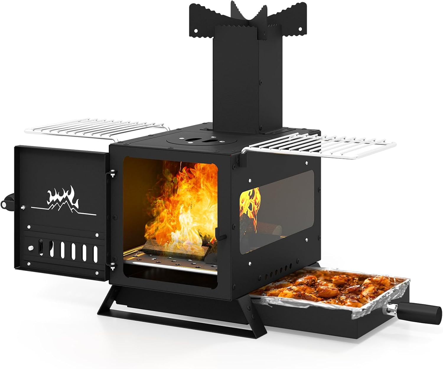 Happygrill Wood Burning Stove, Fire Camping Stove w/Heat Resistant Glass Window, Grill Net, Pot Holder, SPCC, Stainless Steel, Portable Tabletop Fire Pit Stove for Outdoor Cooking, BBQ, Picnic, Events