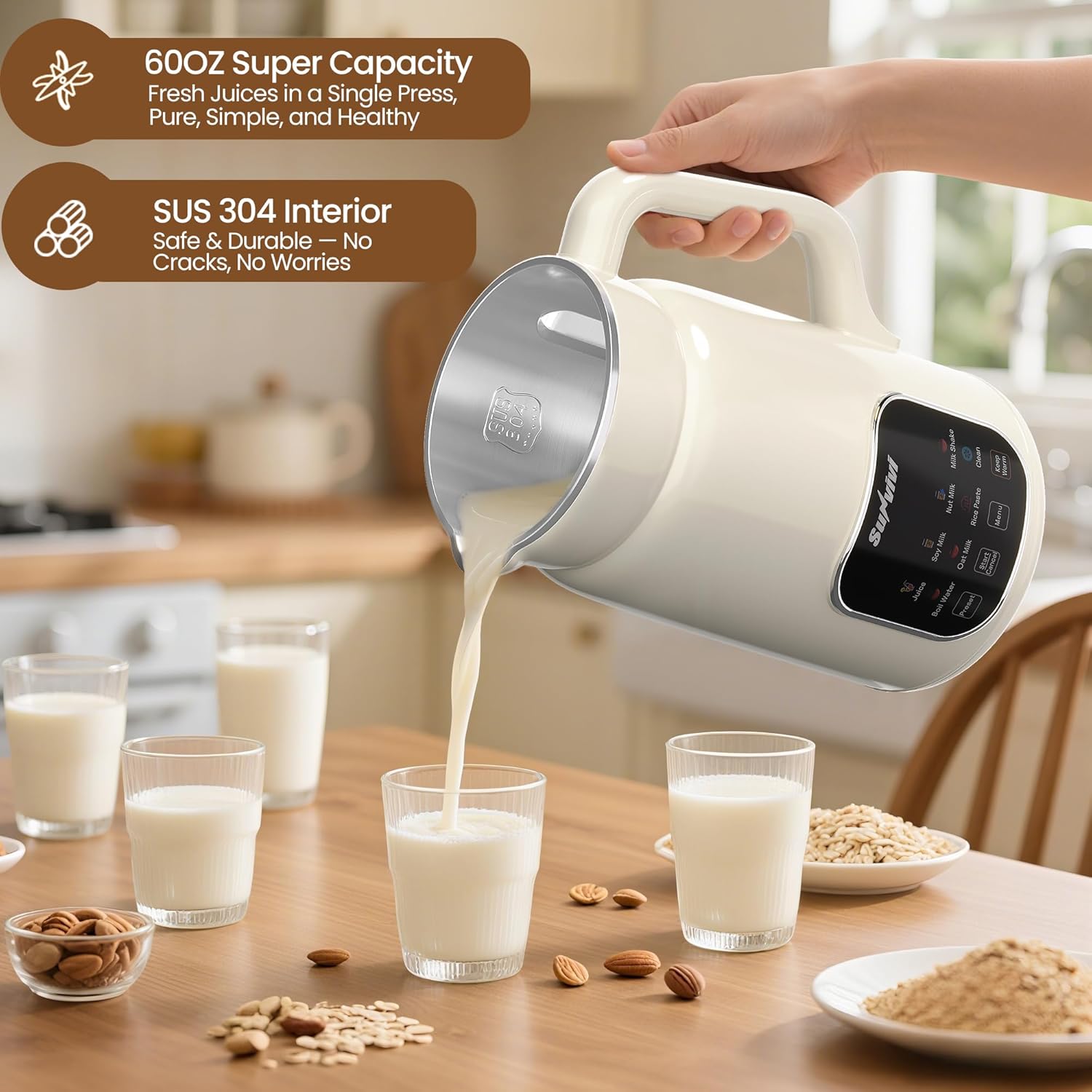 Sunvivi 8 in 1 Nut Milk Maker Machine: 60oz Soy Milk Maker for Soy/Nut/Oat Milk, Juice, Milkshake, Rice Paste and Boil Water, Countertop Blender with Delay Start/Keep Warm/Self Clean, Food Processor
