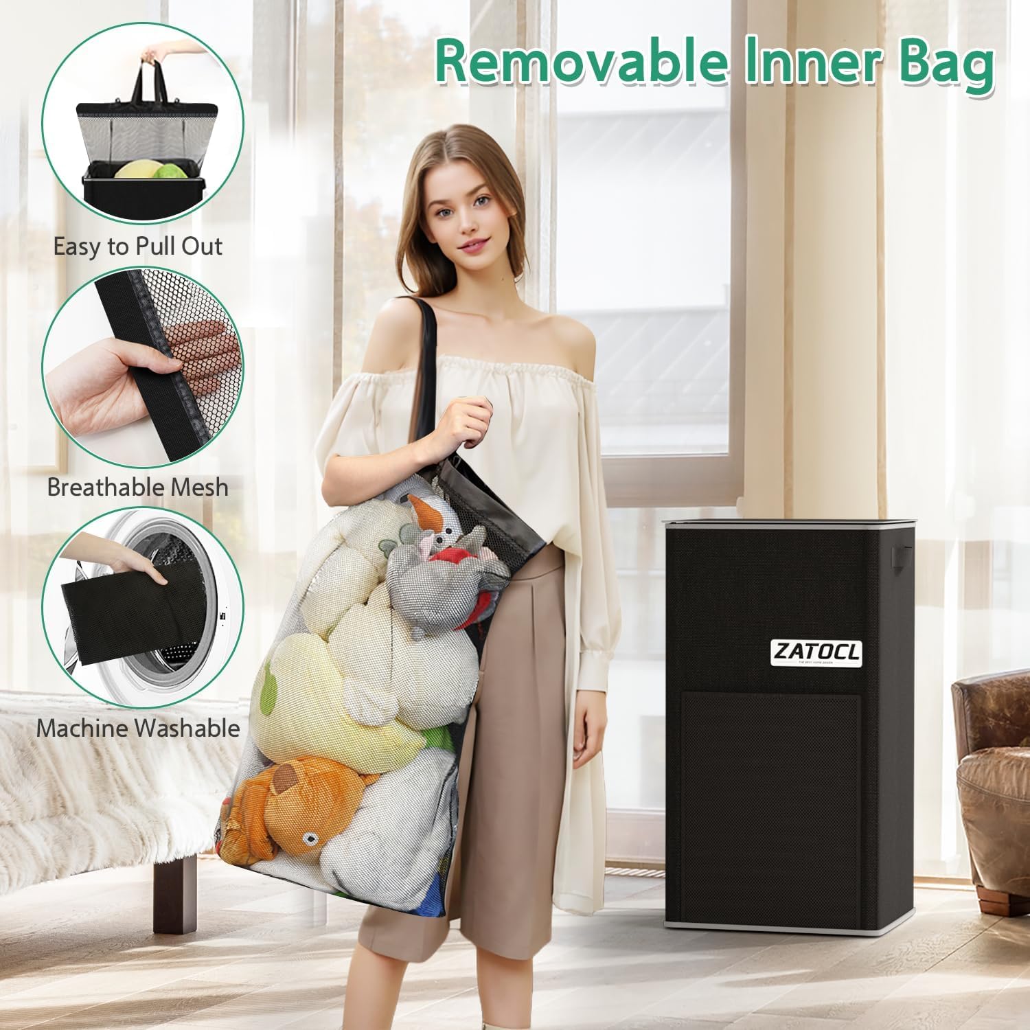 110L Laundry Hamper with Lid with Washing Bag & Front Mesh Bag, Large & Tall Laundry Basket, Collapsible Dirty Clothes Hampers for Bedroom Aesthetic, Bathroom, Dorm, Laundry Room - Easy Carry, Black