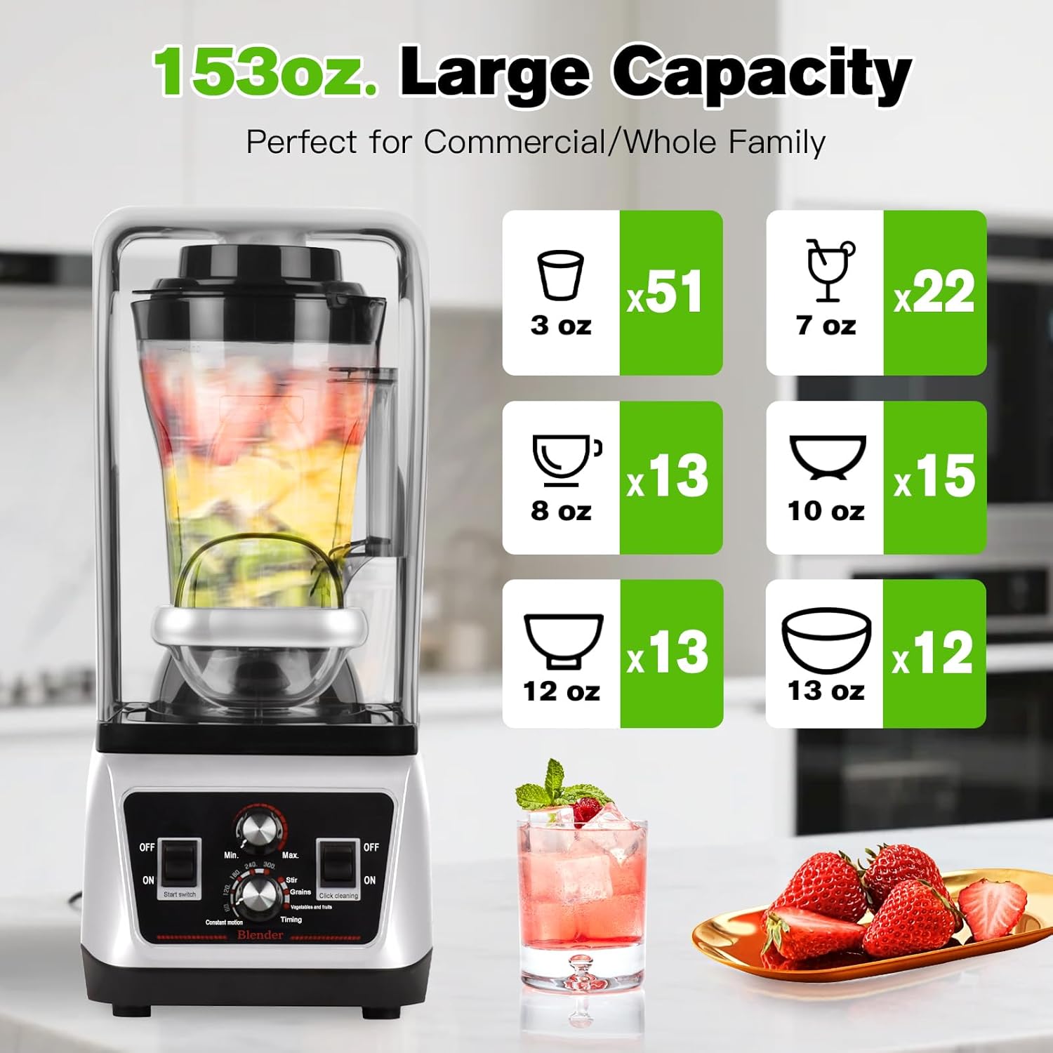 153Oz Professional Commercial Blender with Soundproof Shield, Multi-speed Settings, Quiet Smoothies Blenders Countertop, Powerful Blender for Kitchen, Shakes, Frozen Drinks, Self-Cleaning