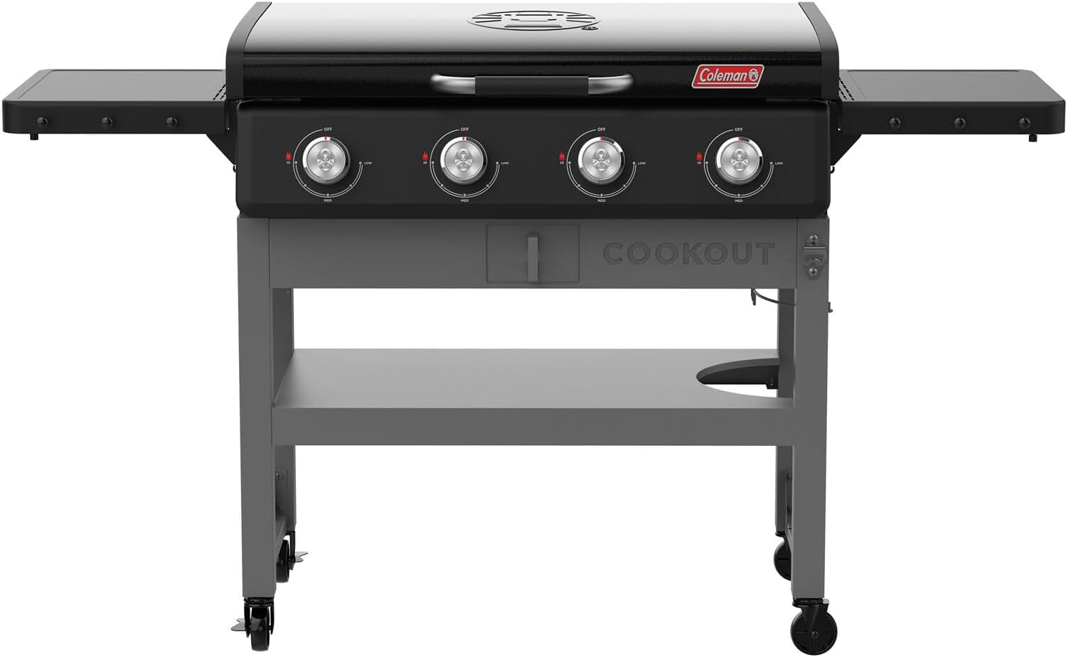 Coleman Cookout 4 Burner Griddle Grill, Large Stainless Outdoor Gas Grill with Griddle Plate, Folding Side Tables, Nylon Knobs & Caster Wheels, Black