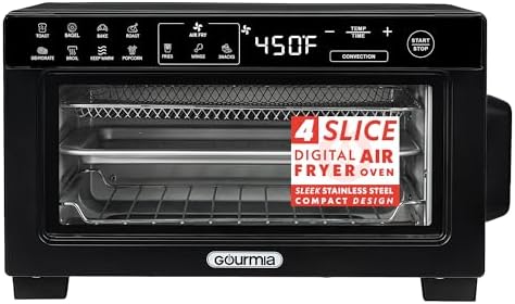 Gourmia Toaster Oven Digital Air Fryer - Convection Mode with 4 Slice Capacity, 3 Rack Positions, 12 Presets, Toast, Bagel, Bake, Roast, Broil, Dehydrate, Popcorn, Fits 9