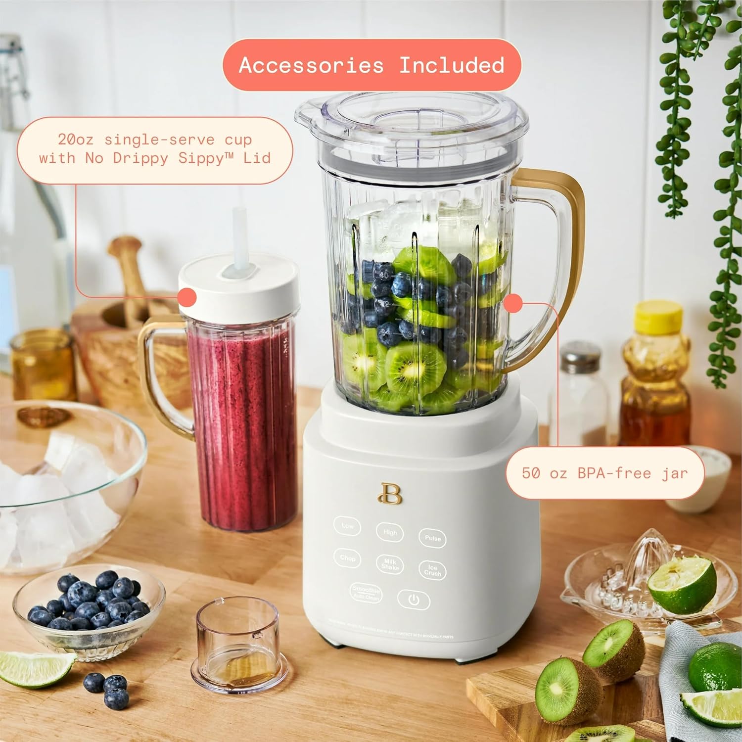 Beautiful PowerExact High-Performance 700-Watt Blender System by Drew Barrymore, 50-Ounce Pitcher, Stainless 4-Tip Blade, 3 Speeds + 4 Presets, Dishwasher-Safe Parts, Travel Cup Included