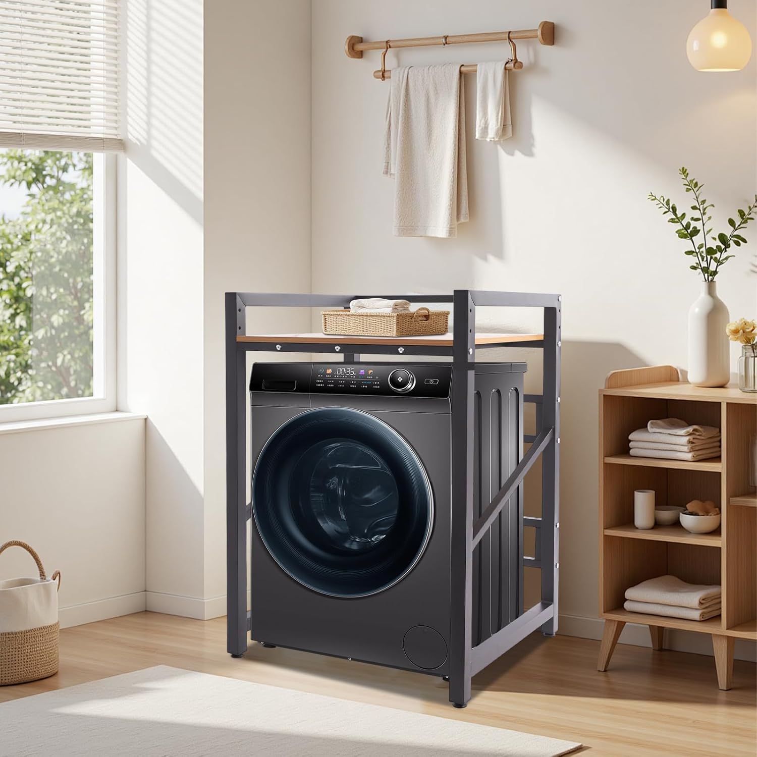 Washer Dryer Stacking Rack Stand, Height Adjustable Heavy Duty Washing Machine Shelf with Top Guardrail and Feet, 661.39 lbs Capacity, Washer & Dryer Storage Shelf for Bathrooms, Laundry Rooms