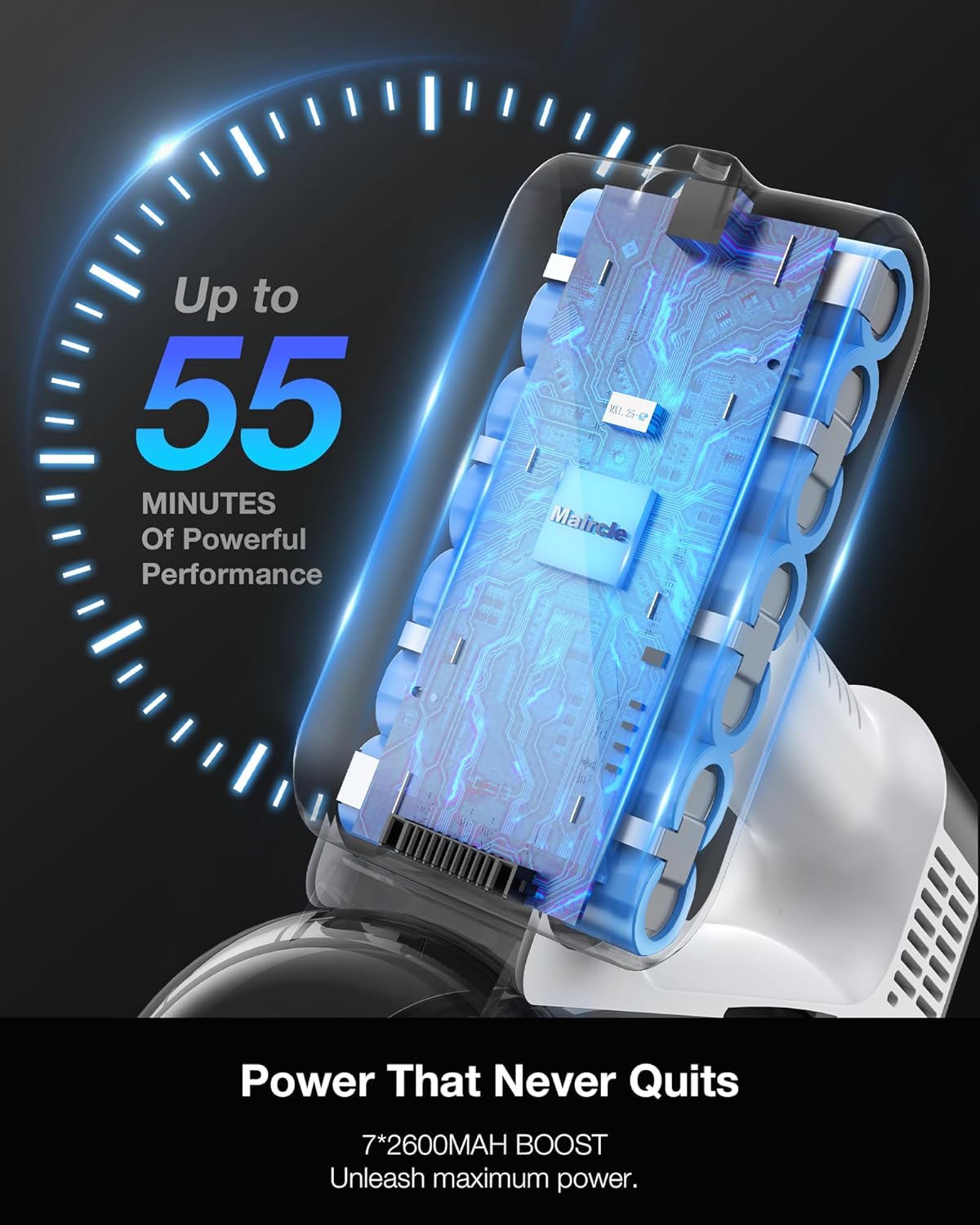 Cordless Stick Rechargeable Vacuum Cleaner, Lightweight, 55min Runtime, 20KPa Suction, Anti Tangle LED Headlight Brushless, Ideal for Carpets, Hardwood Floors, Pet Hair, and Home