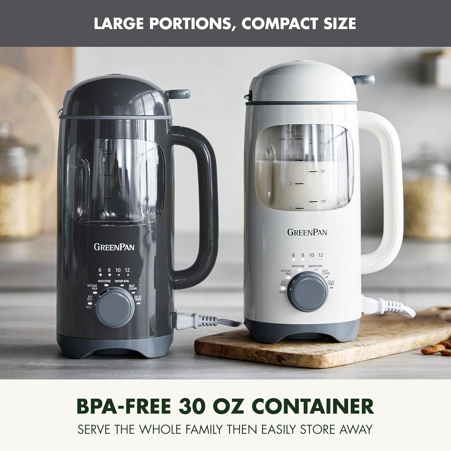 GreenPan Nut Milk Maker, 15-in-1 Homemade Soy, Almond, Oat, Coconut, Non-Dairy, Rice, Soup, Baby Food, BPA-Free, Smooth Creamy Texture, Self Clean, Barista Quality Milk, Delay Start, Boil Water, Gray