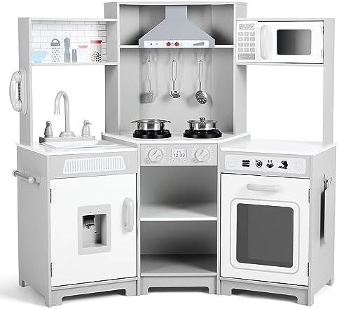 JOYLDIAS Kids Play Kitchen,Corner Wooden Pretend Toddler Kitchen Toys Playset, Realistic Lights & Sounds,Microwave Oven,Water Dispenser, Phone, Sink,Cooking Accessories, for Toddlers Ages 3+, White