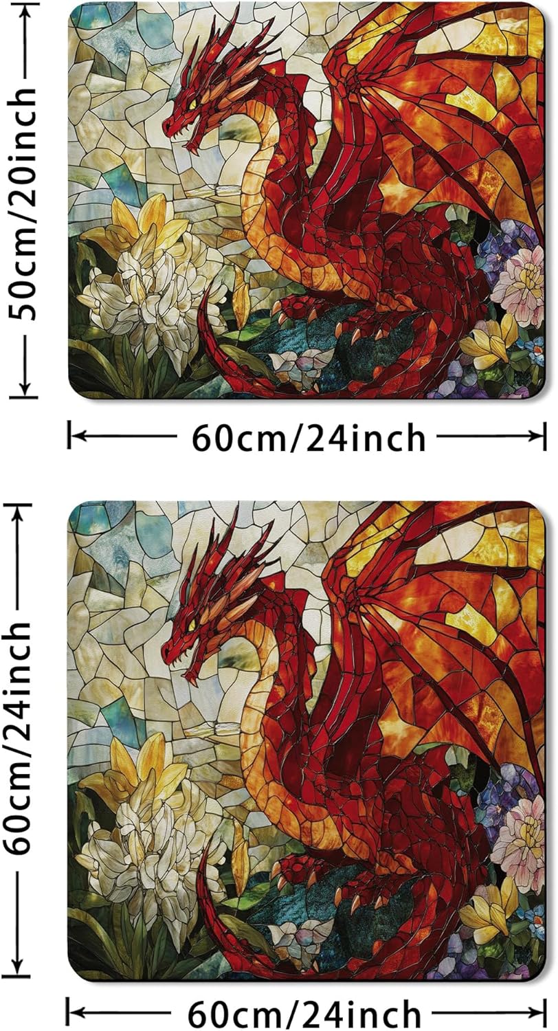 Stained Glass Dragon Washer Dryer Top Protector Mat, Red Fantasy Artwork Laundry Machine Dust Cover, Rubber Anti-slip Waterproof Mats for Home Decor 24x24 Inch