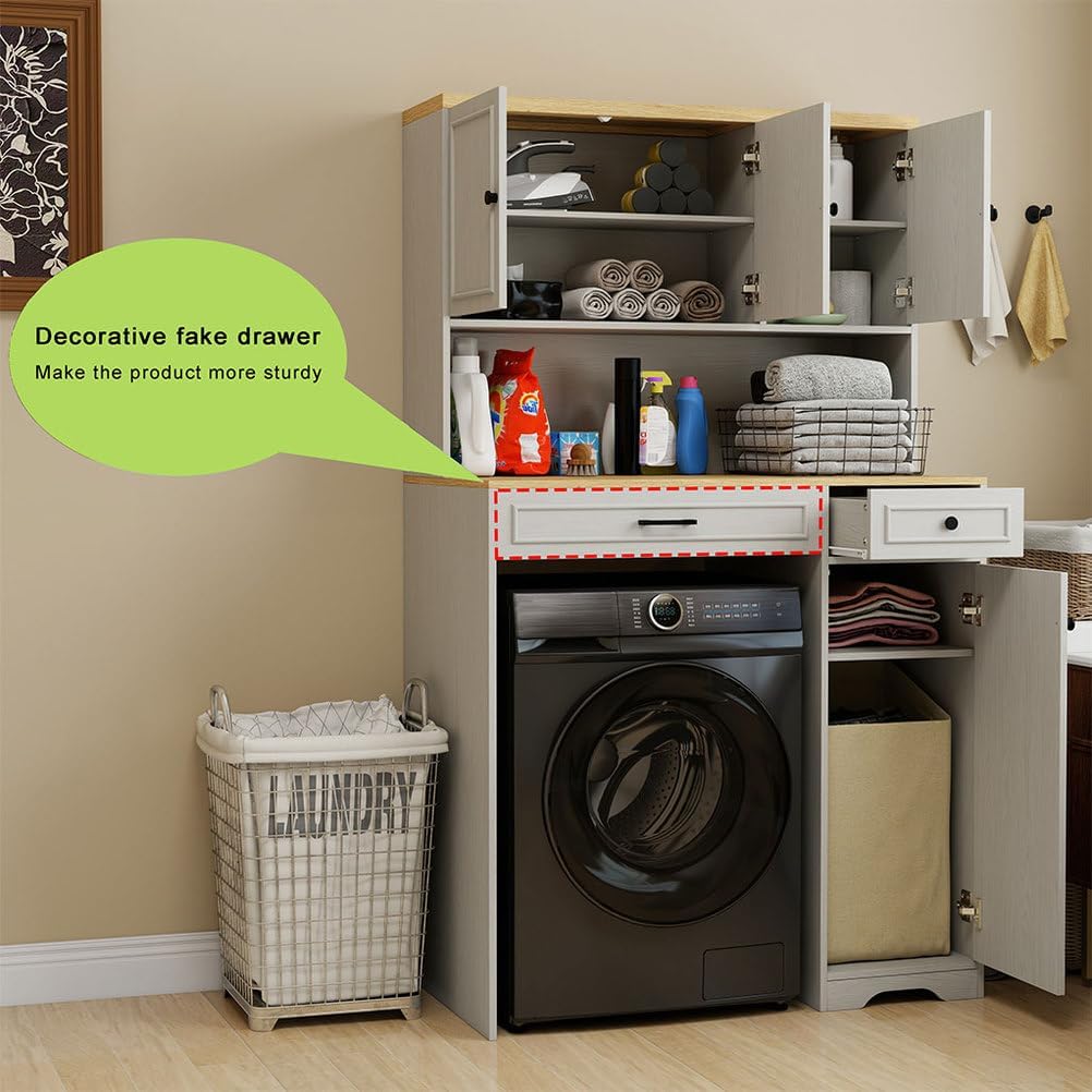 Over The Washer Dryer Storage Cabinet, Laundry Room Space Saver Cabinet with Laundry Basket, Over Washer Organizer with Adjustable Shelves, Drawer & Cabinets, Freestanding Laundry Storage Unit