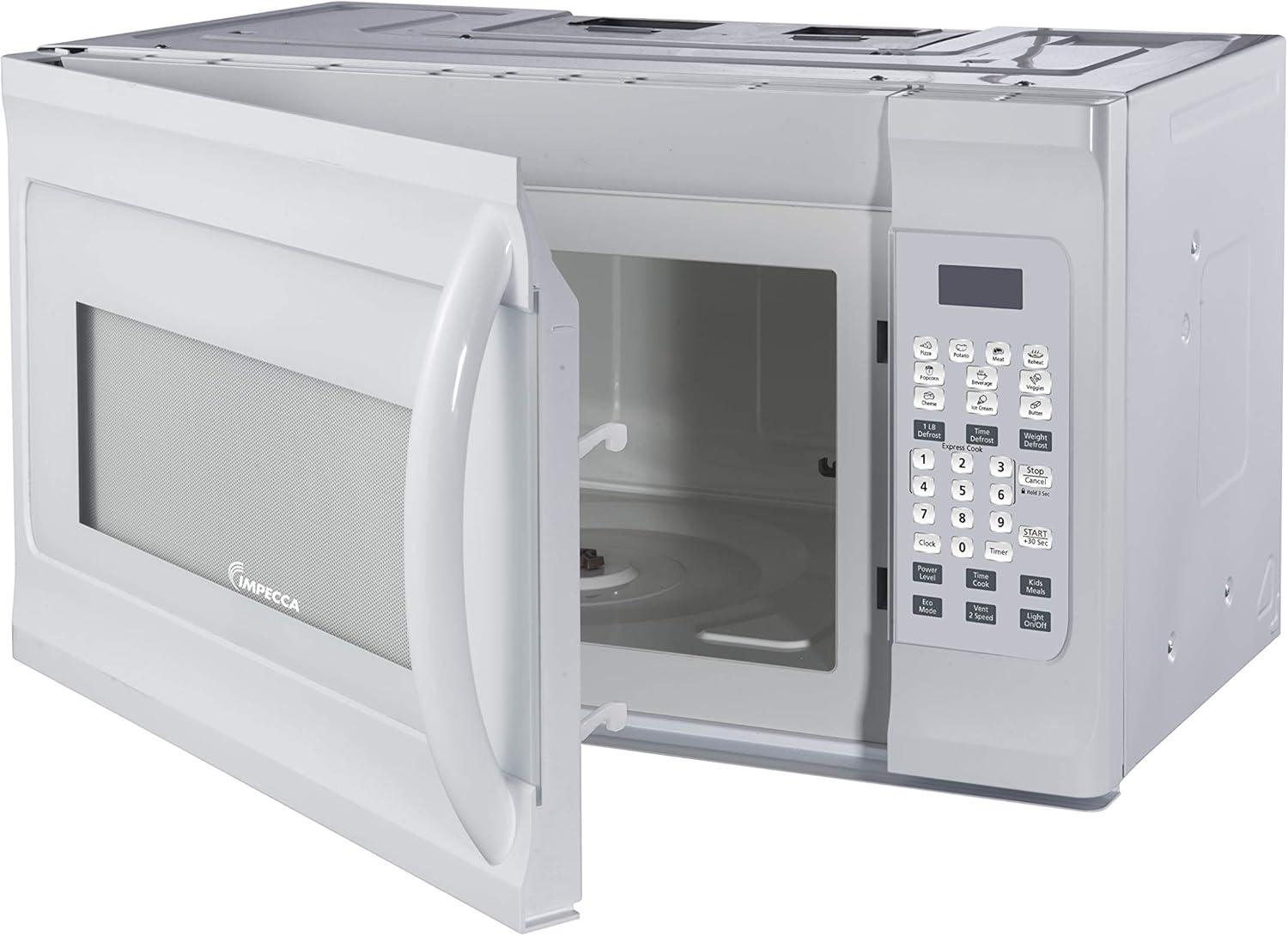 Impecca 1.6 cu. ft. Over-the-Range 30” Microwave Oven 1000 Watts, with Surface Light, 2 Speed Vent System, Touchpad Controls, Digital Clock, Timer, LED Display and Child Lock, White