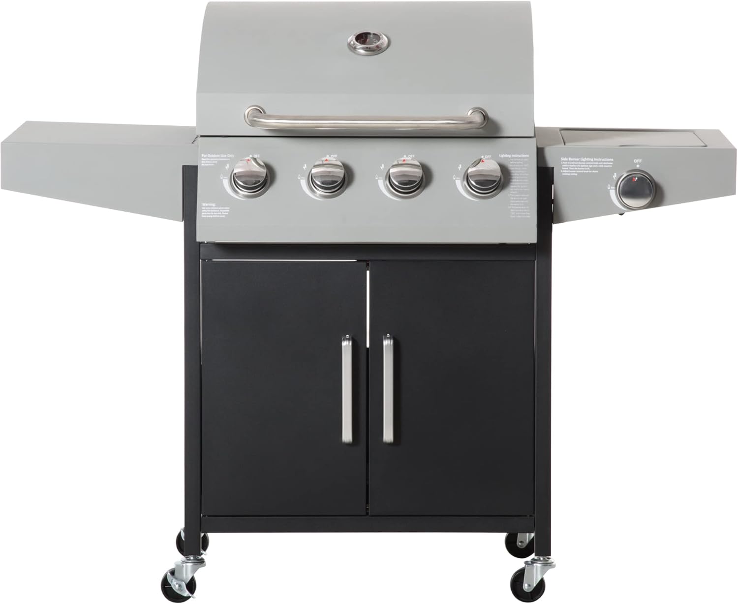 Outsunny 4 Burner Propane Gas Grill, 50,000 BTU Steel Outdoor Barbeque/Barbecue with Side Burner, Wheels, Warming Rack, Shelf, Cabinet, Thermometer, Silver