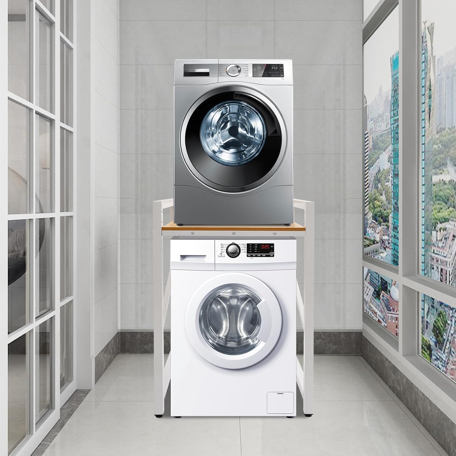 Washer Dryer Stacking Rack Stand - Heavy Duty 661LB Adjustable Shelf Unit, 3-Height Laundry Organizer with Storage for Appliances Space Saving Solution (White+Yellow)