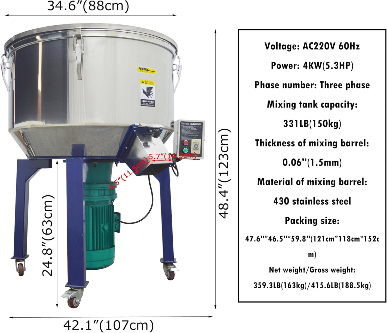 INTSUPERMAI Vertical Blender Drying Plastic Mixer Plastic Granules Power Blender Mixer Blending Machine 150kg Capacity Industrial Vertical Color Mixing Machine 220V