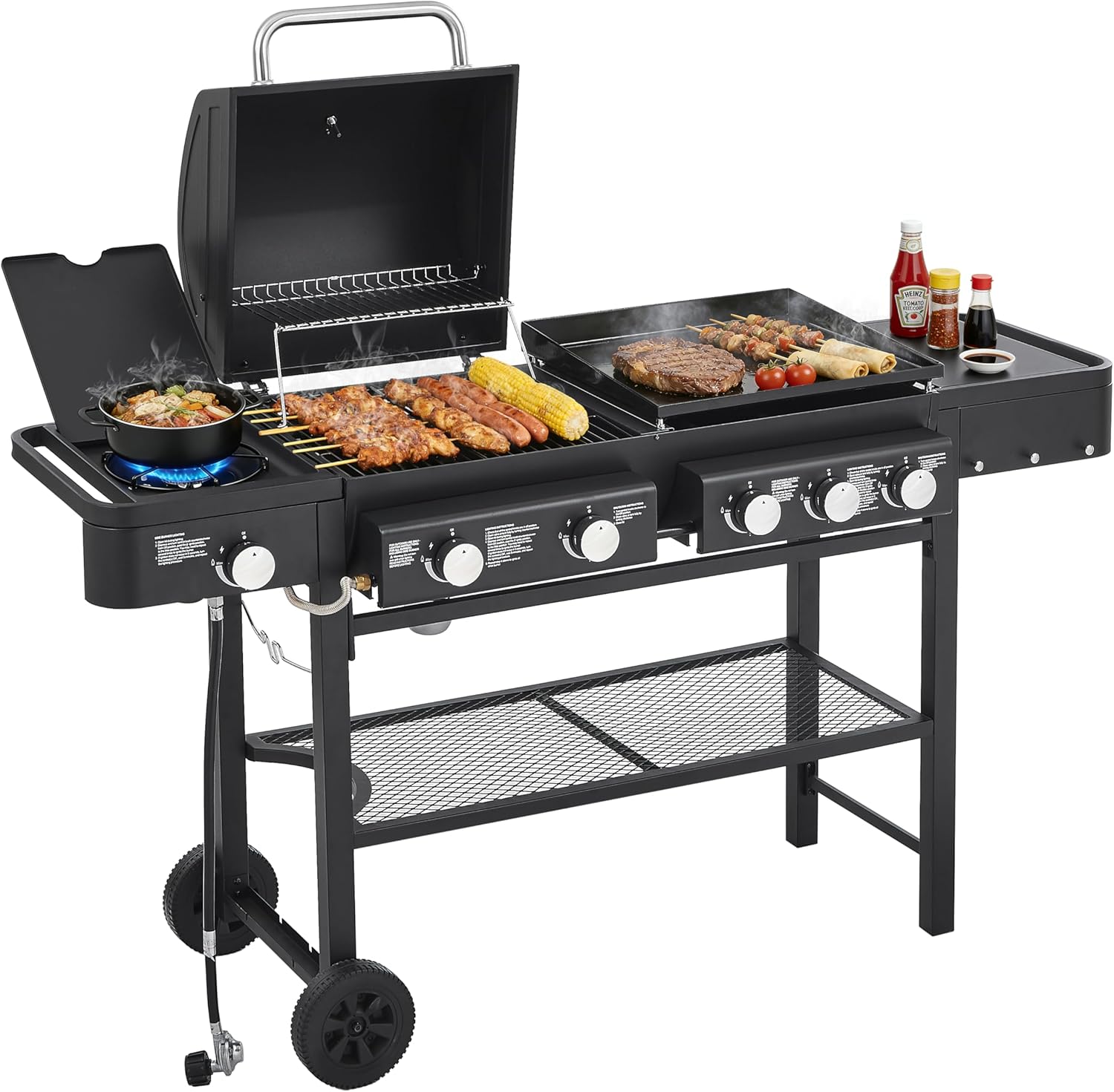 All in One Propane Gas Grill and Griddle Combo, 5 Burners 56000 BTU, 745 Sq.In Cooking Space, Side Burner, Storage Shelves, Wheeled Freestanding Outdoor Grill for Backyard and Patio Cooking