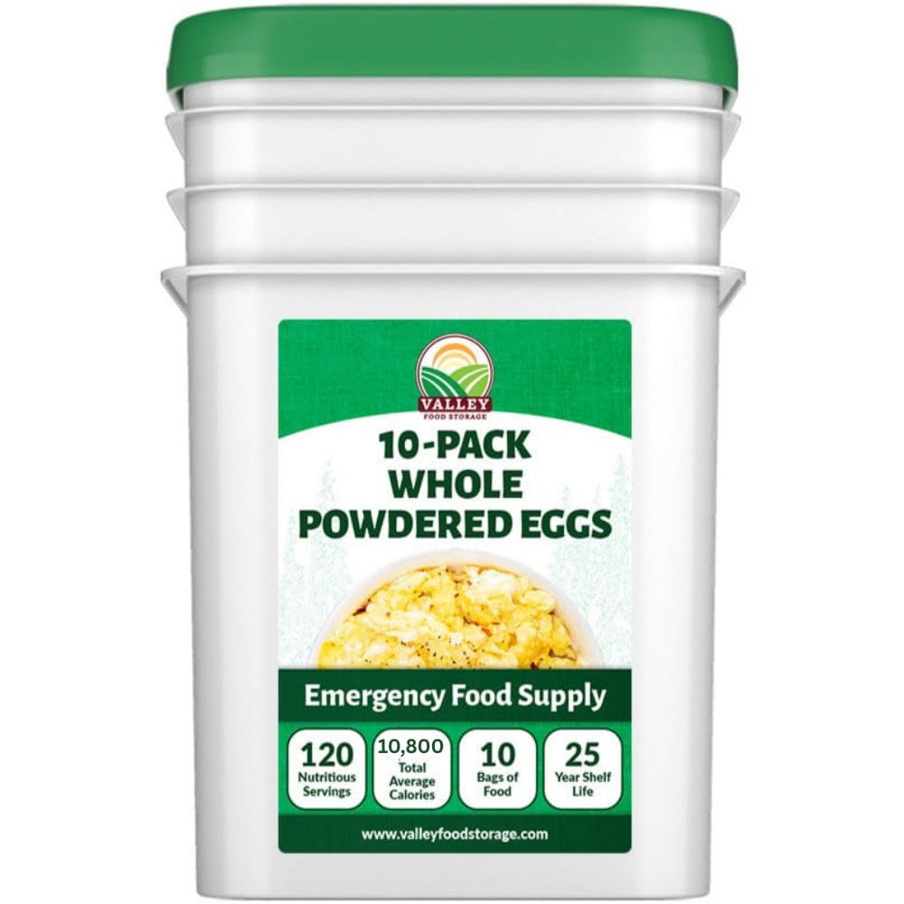 Freeze Dried Whole Powdered Eggs 10-Bag Bucket, 63.5 Oz | Premium Emergency Food Supply 25 Year Shelf Life | Non-GMO Prepper Supplies, Survival Food, Off Grid Living Supplies | Valley Food Storage