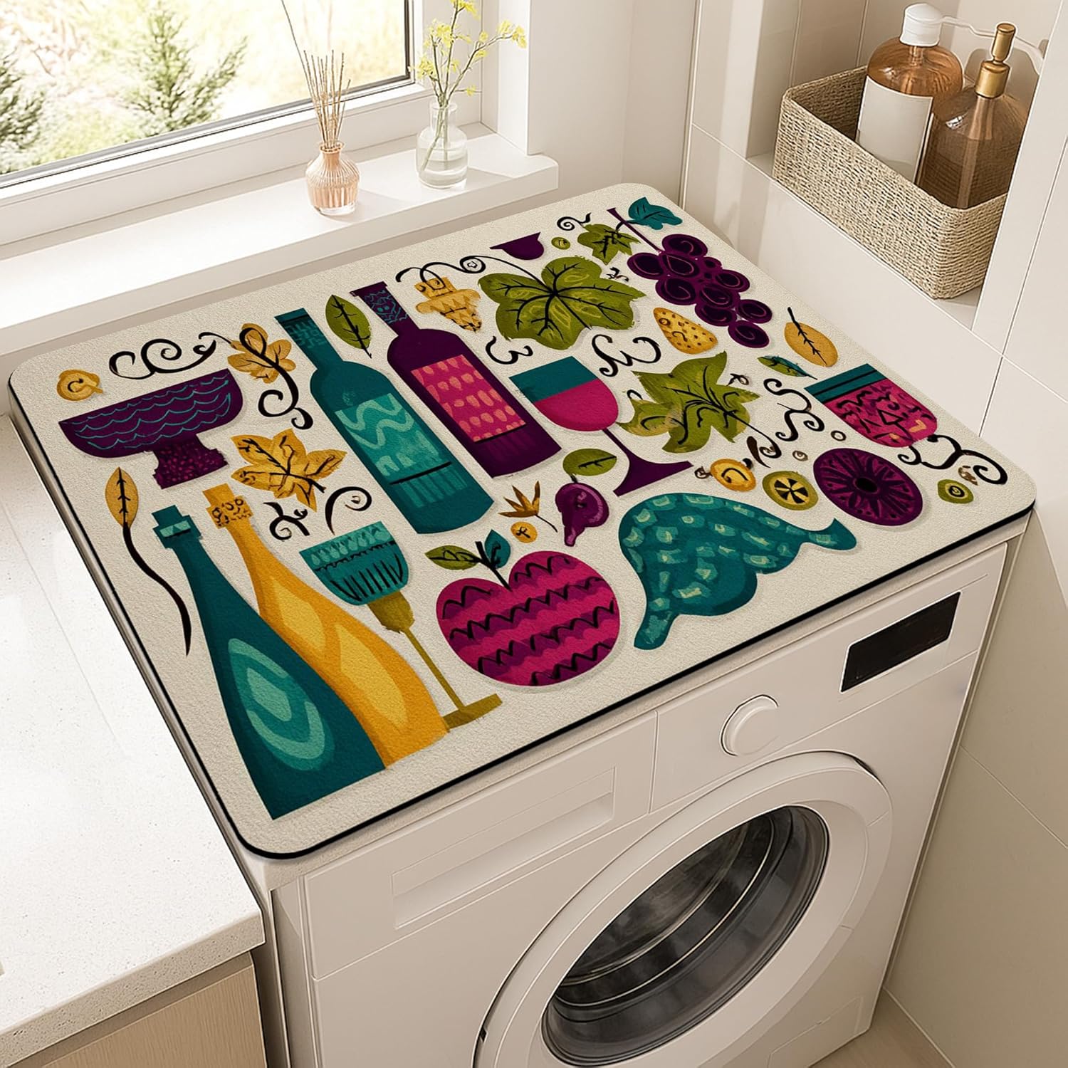 Vibrant Washer Dryer Top Protector Mat, Colorful Vintage Wine and Grapes Laundry Machine Covers, Autumn Rubber Anti-slip Waterproof Washer And Dryer Mats for Laundry Room 20x24 Inch