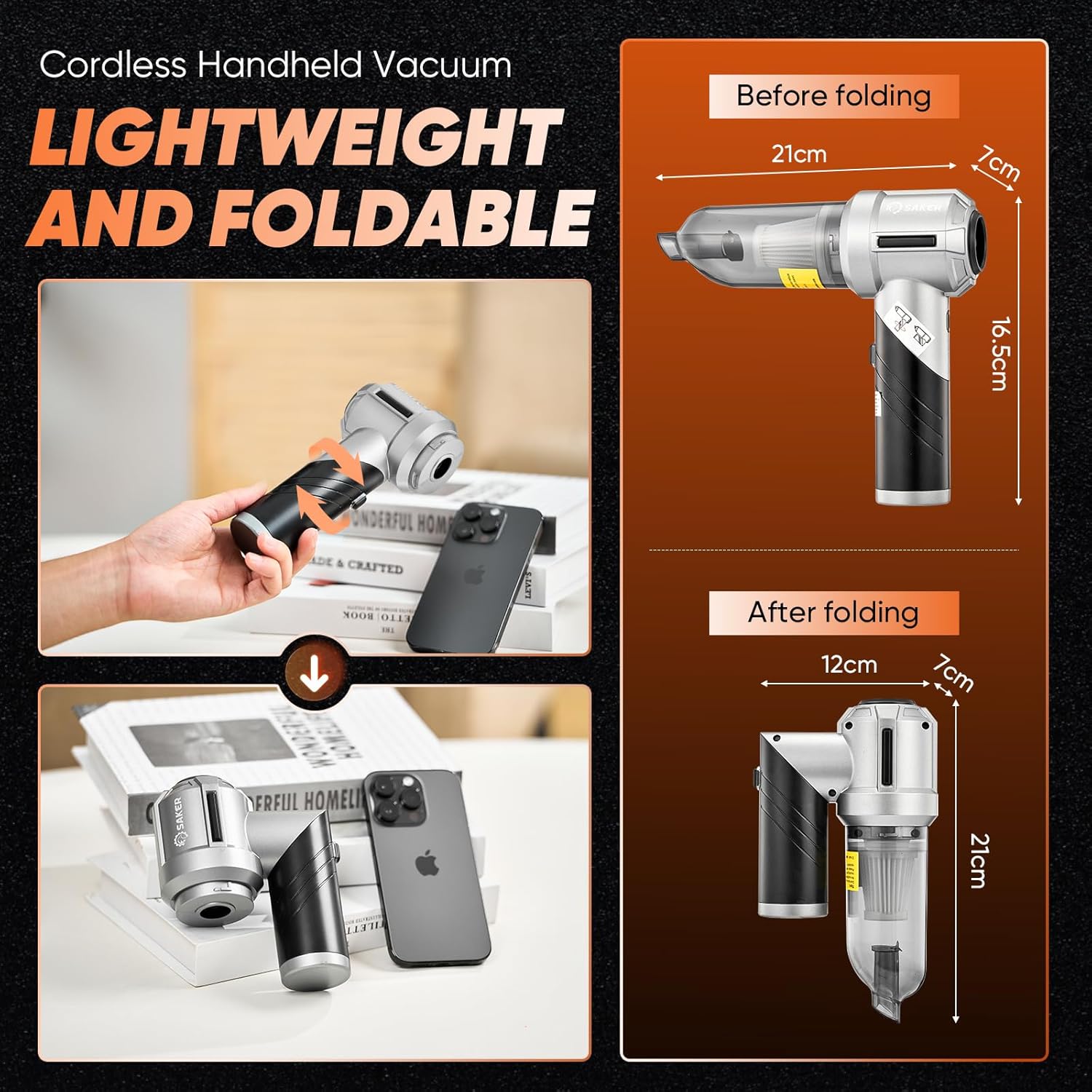 Saker Foldable Vacuum Cleaner Portable Cordless17000PA HL133 with 3 HEPA Filter and 1 Steel Filter