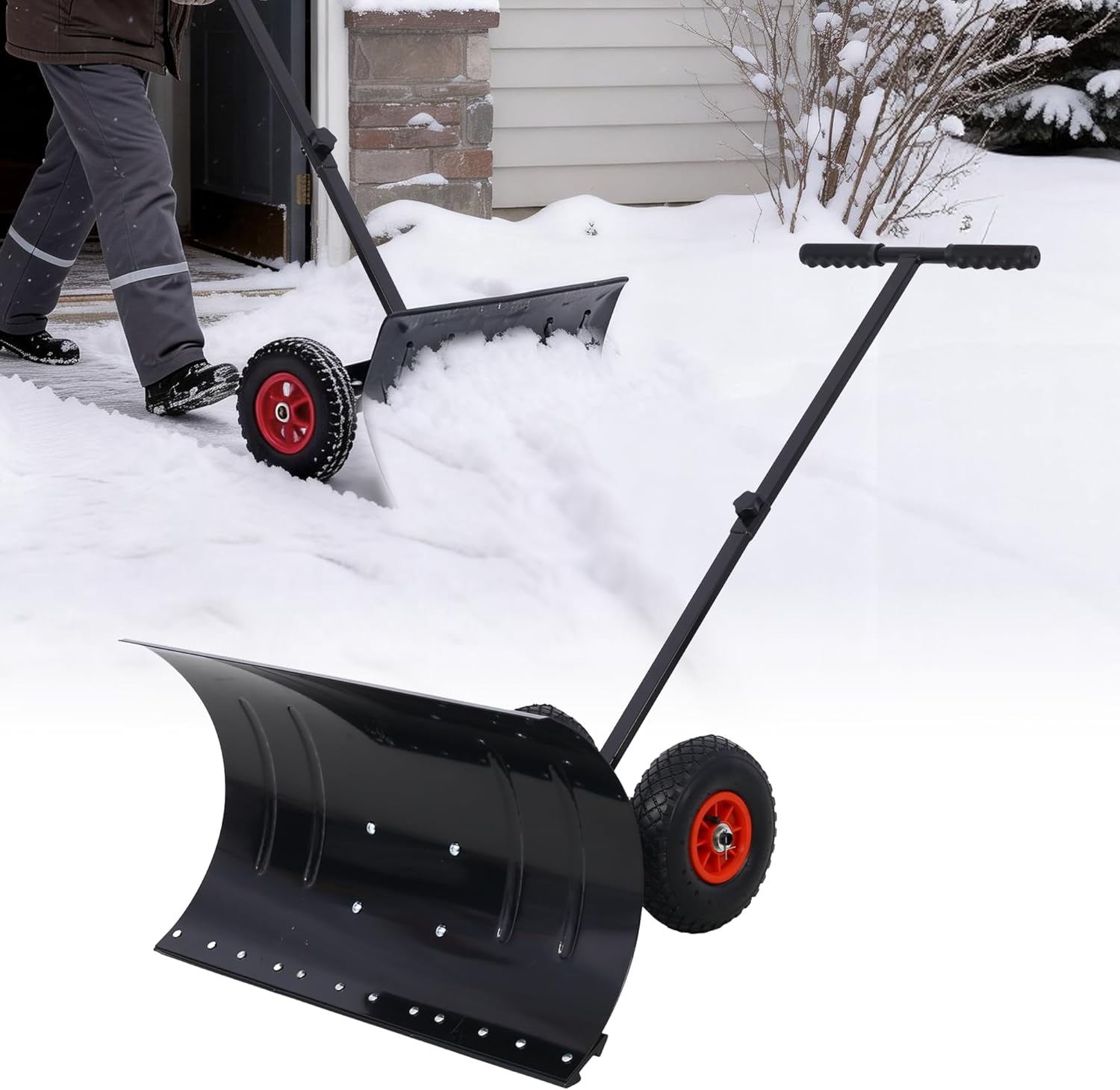 Wide Snow Shovels 29-inch Galvanized Blade Heavy-Duty 2-Wheels Snow Pusher Hand Plow for Snow Ice Removal Driveway Sidewalk Adjustable Handle, Blade Angle Black