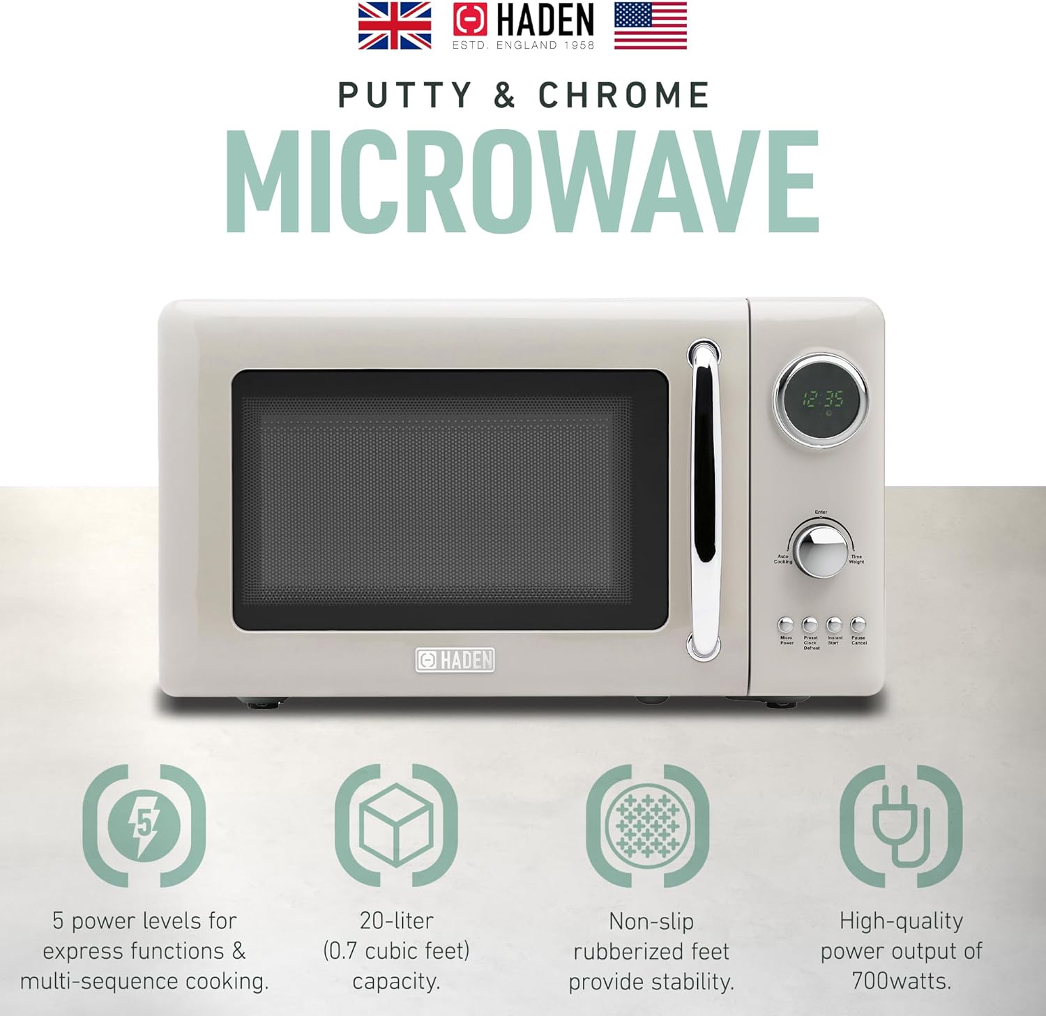 Haden 700 Watt 0.7 Cubic Foot Microwave Oven with Digital Controls, Defrost, and Instant Start Countertop Small Appliance, Putty/Chrome