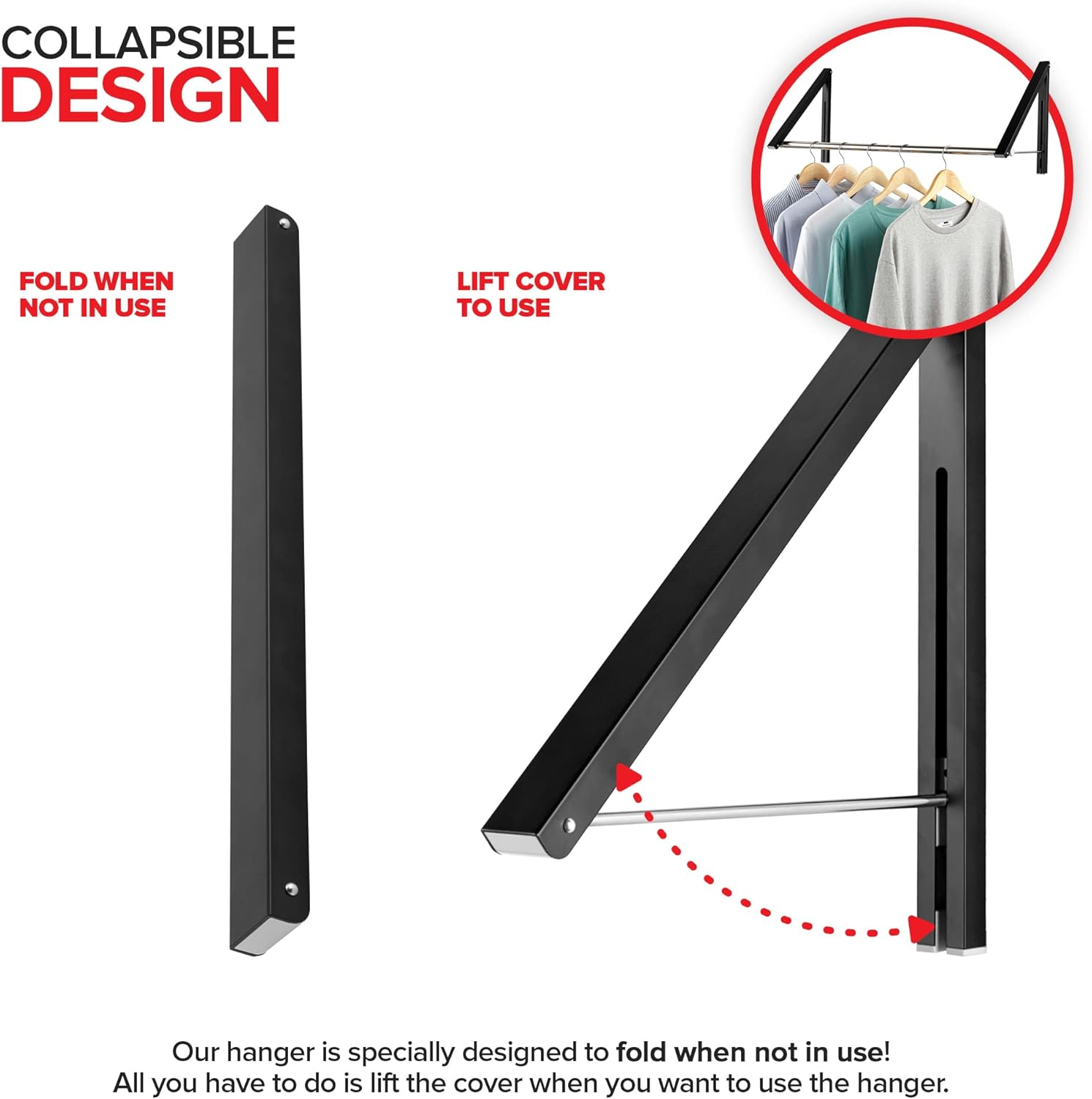 Double Foldable Clothing Rack w/ Extension Rod, Wall-Mounted Retractable Clothes Hanger for Laundry Dryer Room, Hanging Drying Rod, Small Collapsible Folding Garment Racks, Dorm Accessories (Black)