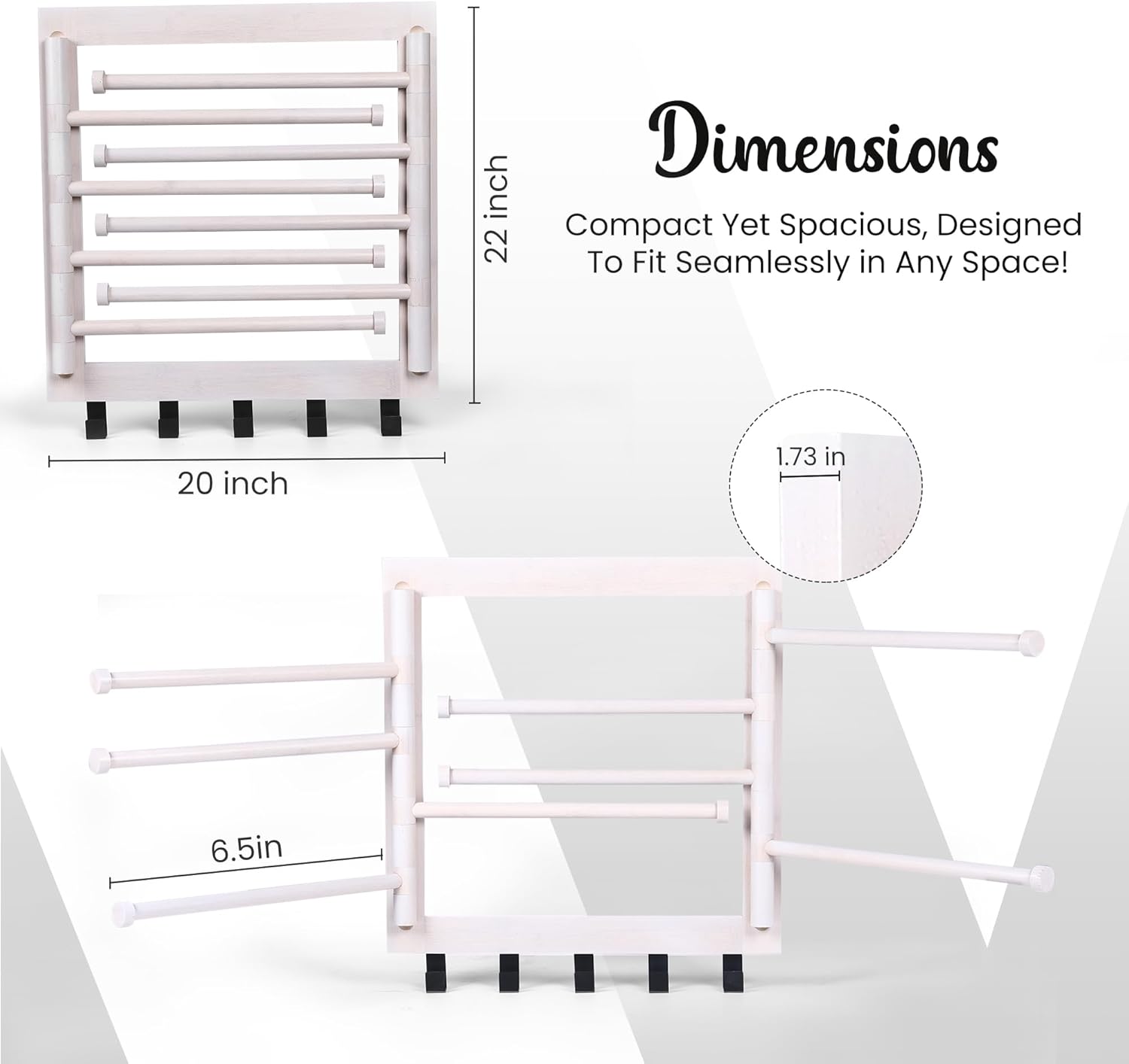 Wall Mounted Drying Rack - Clothes Drying Rack Wall Mounted for Laundry - 20 INCH - with 5 Hooks and 8 arms - 80 lbs Capacity - White Bamboo