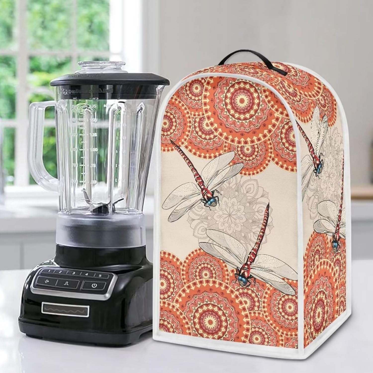 TODIYADDU Dragonfly Floral Blender Cover Orange Mandala Stand Mixer Cover with Top Handle Personalized Coffee Machine Cover Food Processor Dust Cover Lightweight Blender Dust Cover Decorations.