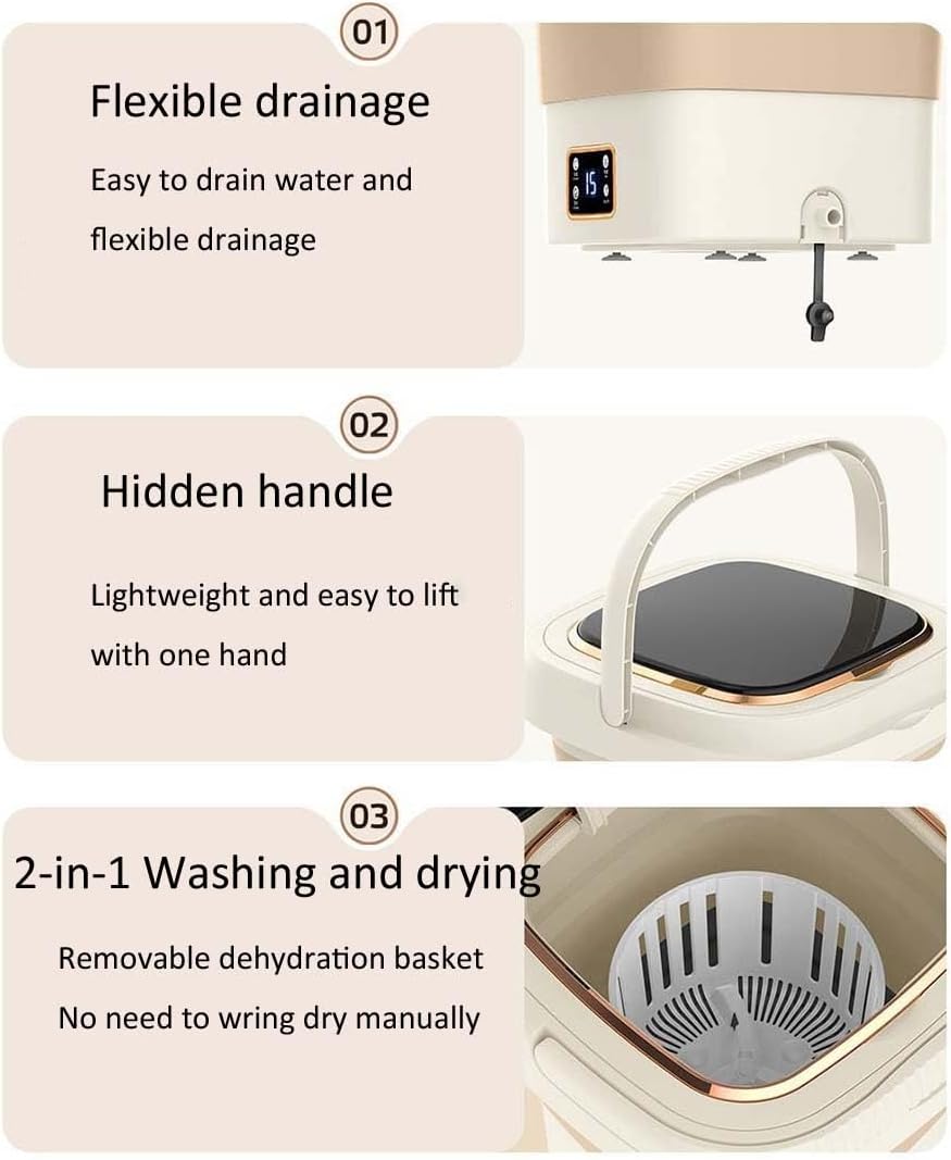 Foldable Washer and Dryer Portable Washing Machine with Dehydration Basket 9L Large Capacity for RVs Camping Apartments Dorms(Cream Yellow)