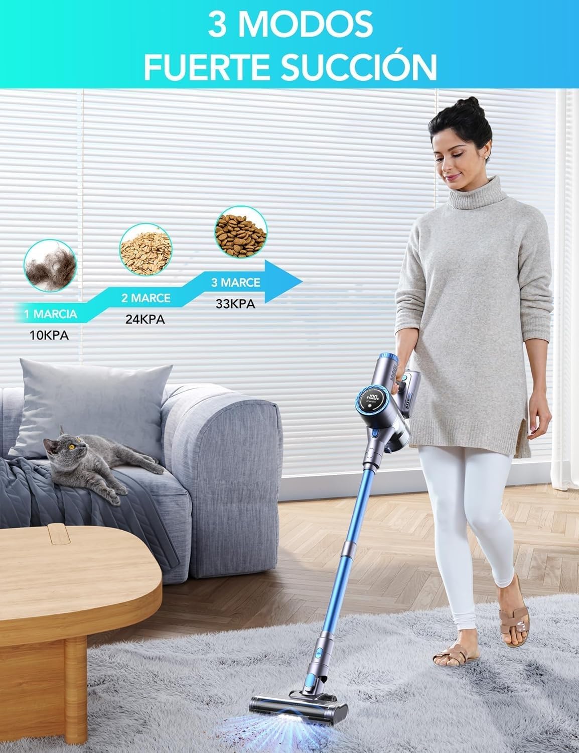Greenote GSC60 Cordless Vacuum Cleaner 33KPA, 10-in-1 Multi-Accessory Vacuum Cleaner, Up to 40 Minutes Runtime, Control Display, with Bed Brush, Flexible Extension Hose, Large Dust Container