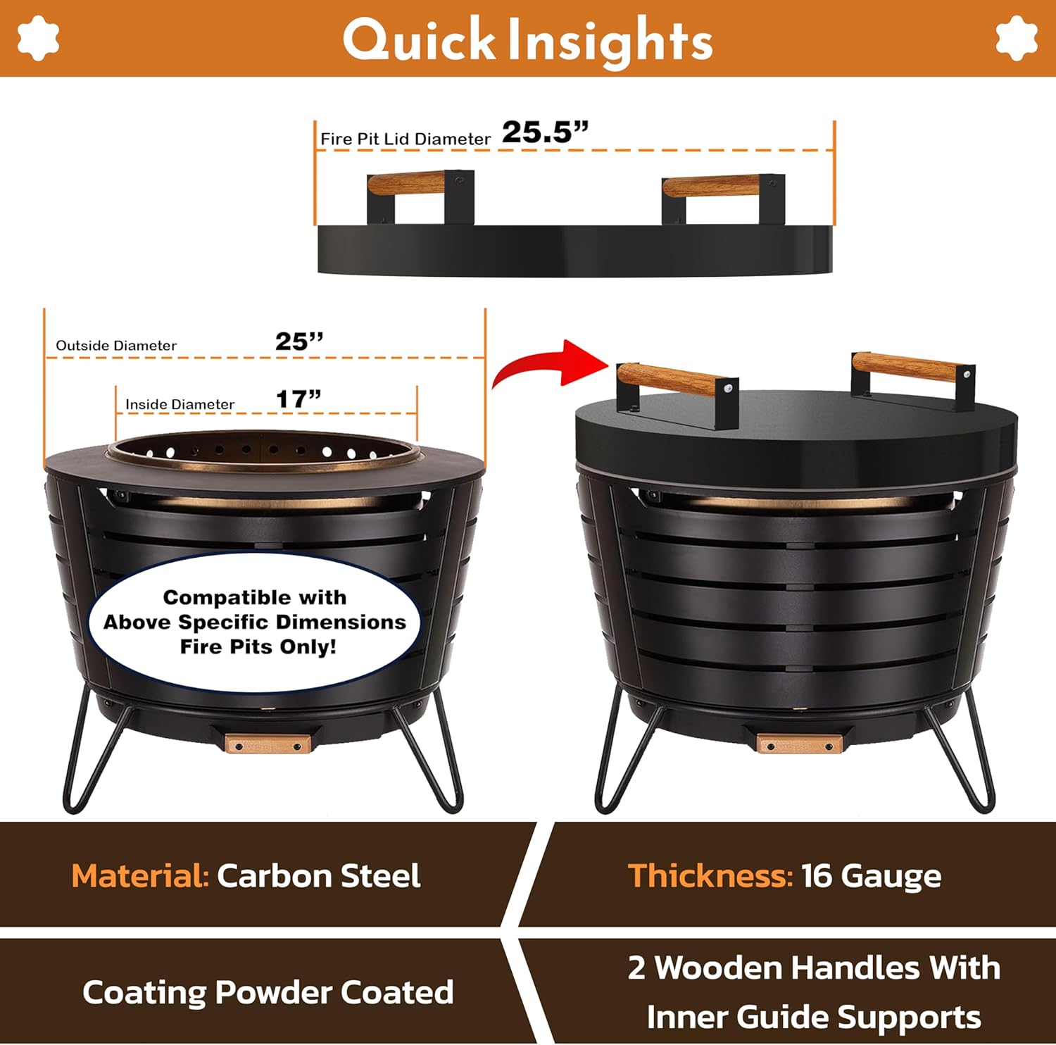 25.5” firepit lid round for inside up to 25” gas fire pit lid for Outdoor Fireplace Cover Lid Steel fire pit metal cover W/ 2 Wooden Handles & Heat Resistant Snuffer Lid for Round Patio Fire Pit Ring