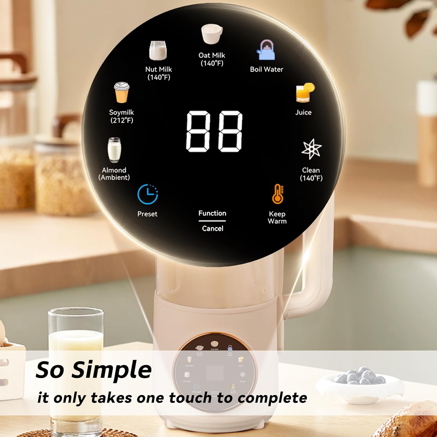 8 in 1 Nut Milk Maker Machine, 48oz Homemade Almond, Oat, Soy, Coconut, Plant-Based and Non-Dairy Beverages with Self-Cleaning, Boil Water, Delay Start, Keep Warm, 16 Blade Blender, Glass Jar