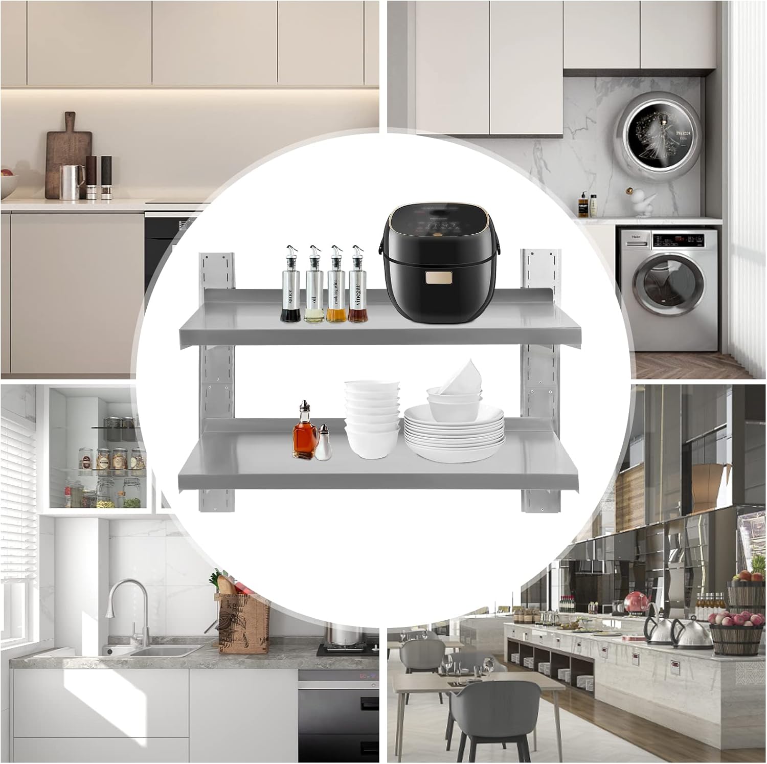 DYRABREST Double-Layer Stainless Steel Shelf, Commercial Wall Mount Floating Shelving for Restaurant,Bar,Home,Kitchen,Laundry,Garage and Utility Room， Industrial Appliance Equipment